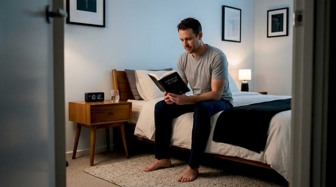 Man reading on bed in softly lit bedroom