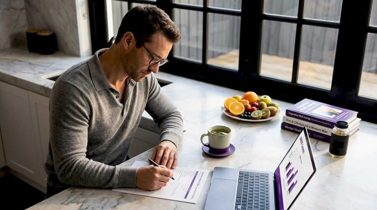Man self-assessing cognitive performance at kitchen table