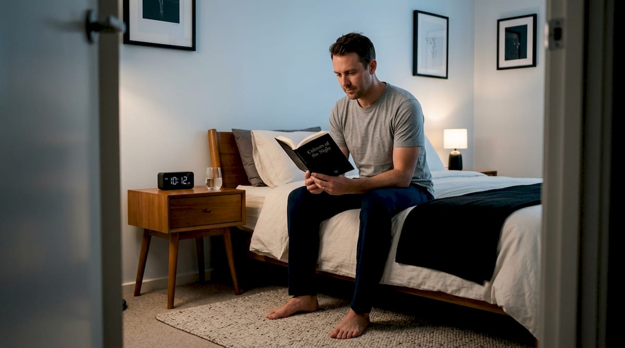 Man reading on bed in softly lit bedroom