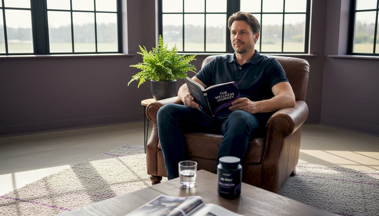 Confident man reading in bright living room