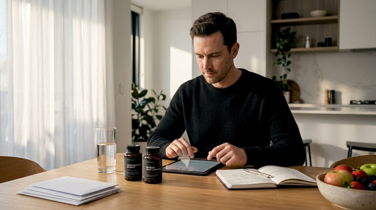 Man researching adaptogens at kitchen table