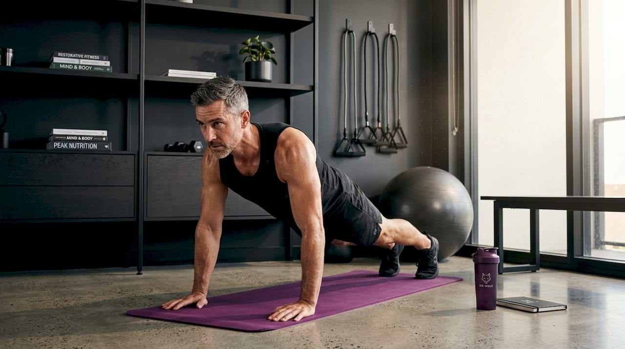 Man training on yoga mat at home
