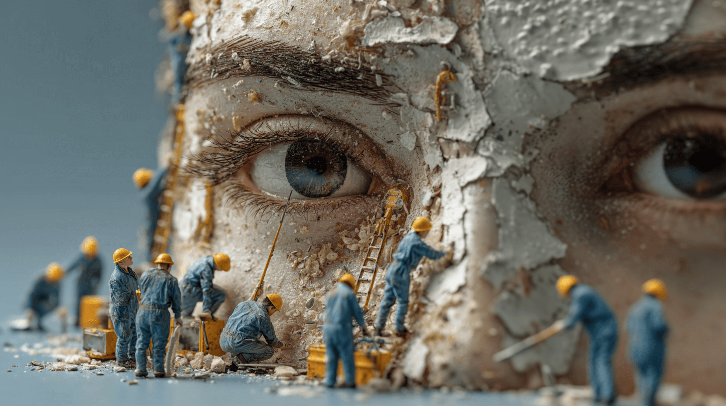 Postbiotics The Future of Healthy Skin and Microbiome Balance with miniature workers repairing a face.