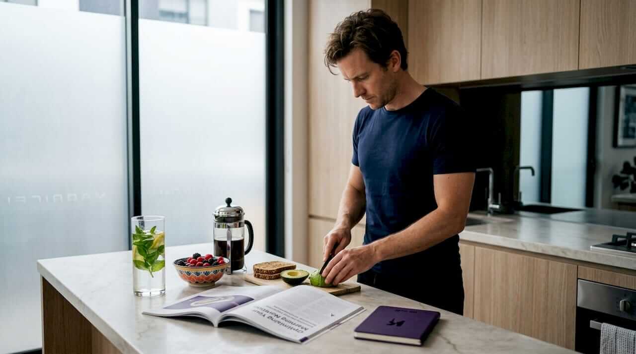 Man preparing healthy breakfast in bright kitchen