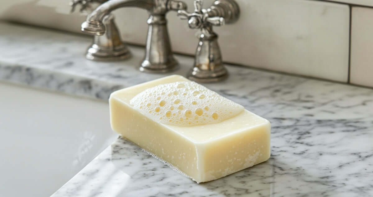 a bar of white soap on a bathroom bench