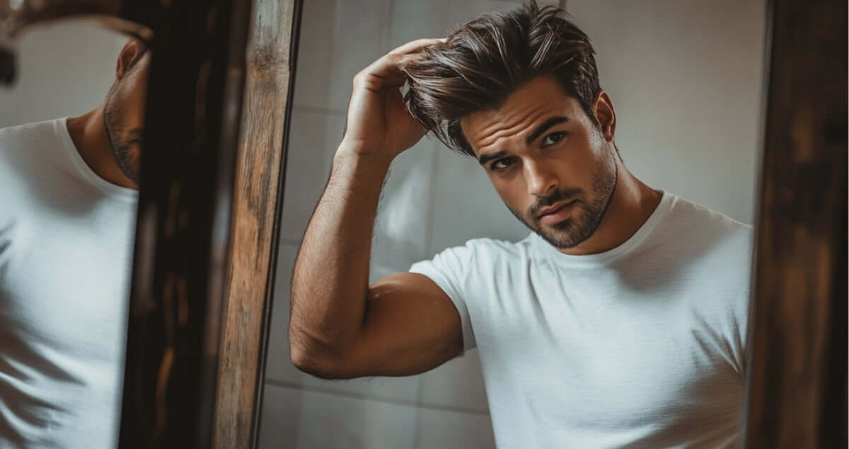 A man grooming in front of a mirror