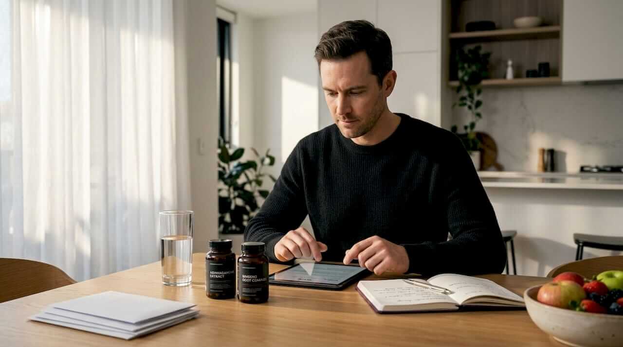 Man researching adaptogens at kitchen table