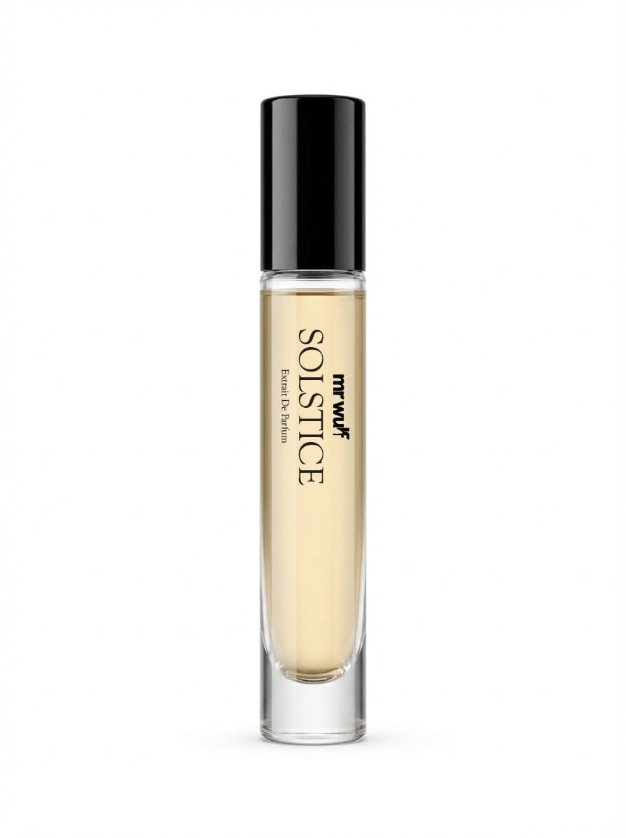 Solstice Cologne in a sleek roll-on bottle showcasing its woody aromatic–amber fragrance.
