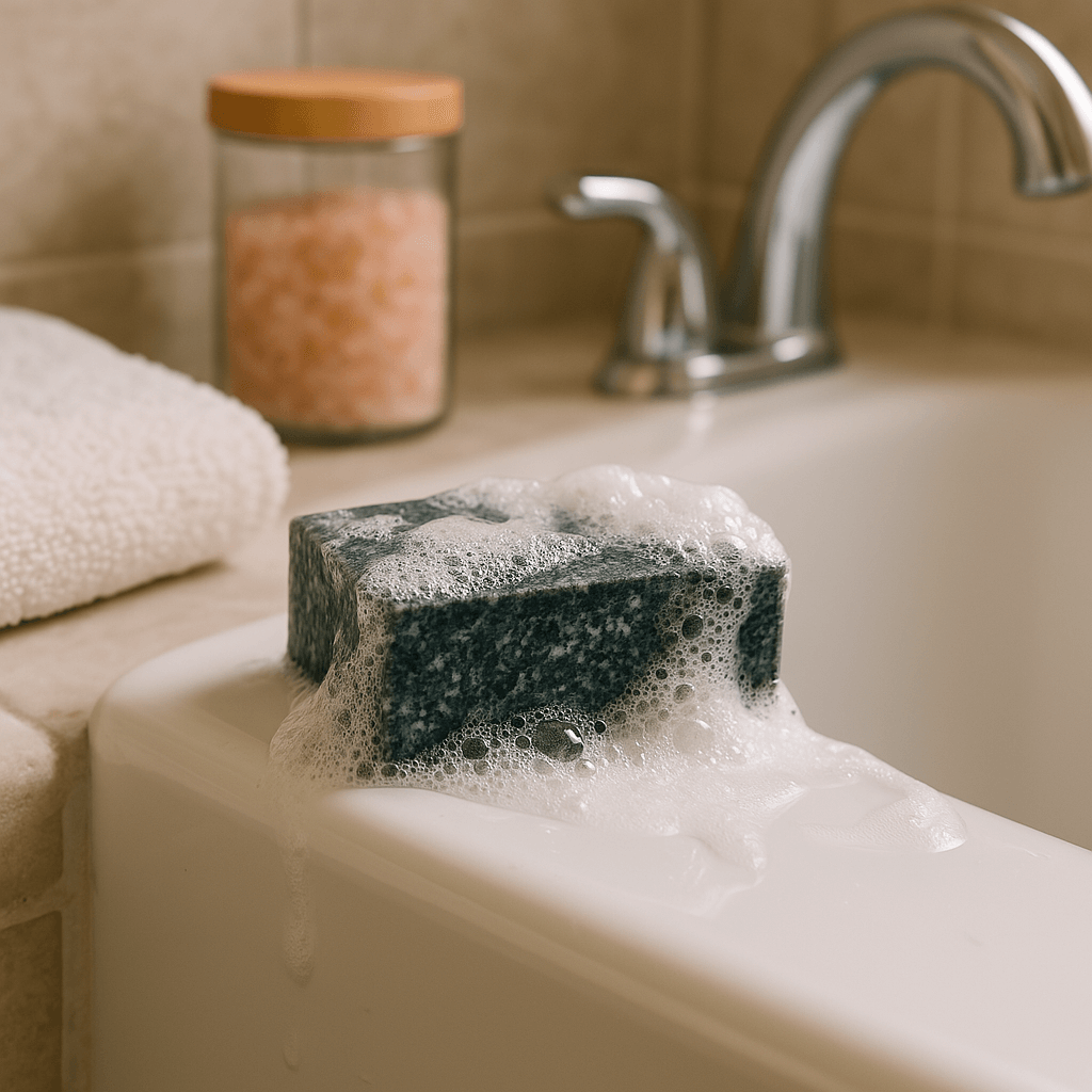 Wulf Body Bar - Charcoal Mint exfoliating soap bar on white bathtub surface with towel, showing natural spa-inspired presentation.