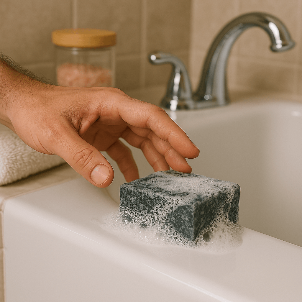 Charcoal mint soap bar on wooden tray with natural light