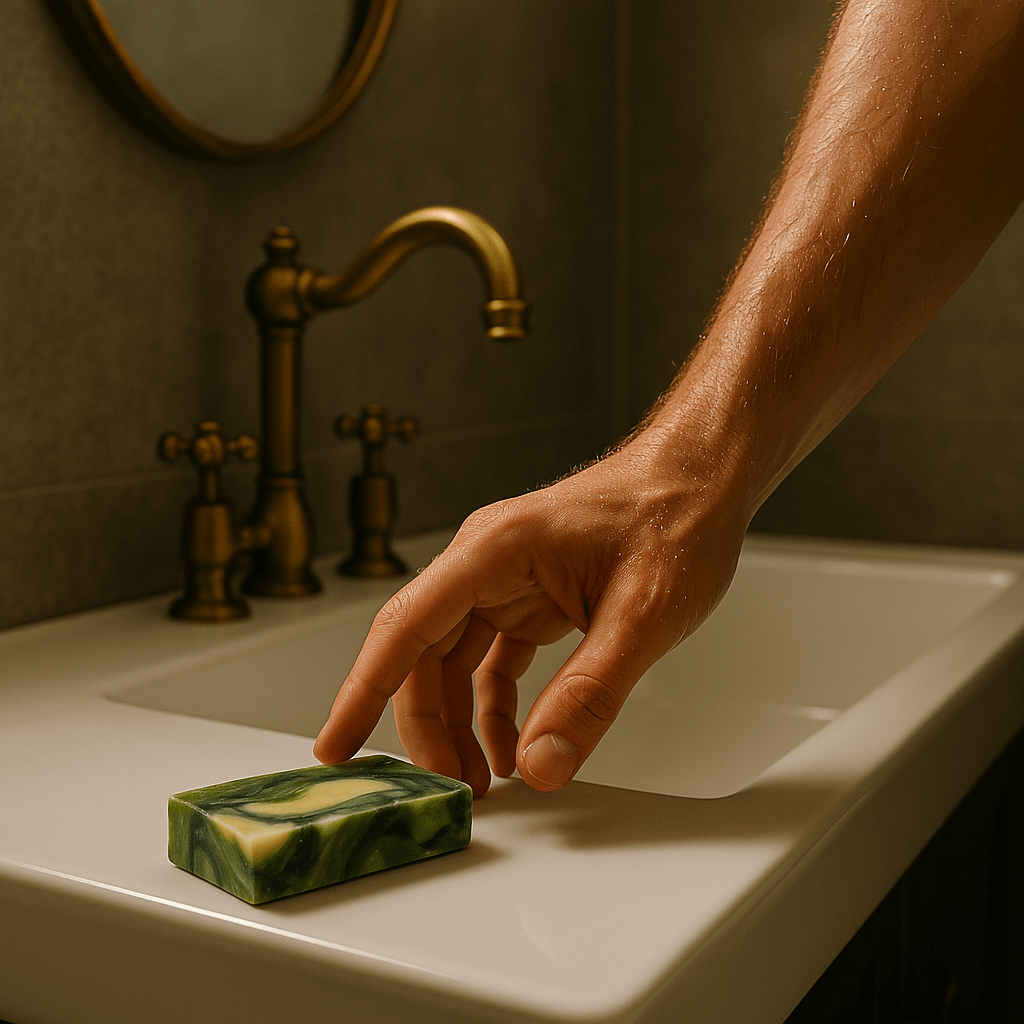 Close-up of hand holding Zest Bright moisturising soap bar with visible lather and natural glow on skin.