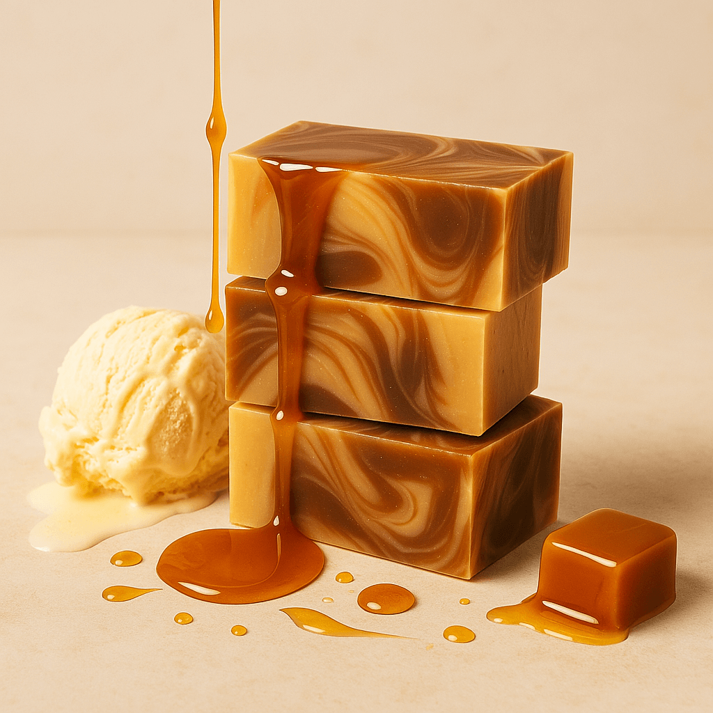 Wulf Body Bar - Stacked Vanilla and Sandalwood mud soap bar display emphasizing natural ingredients and rich vanilla sandalwood colour.