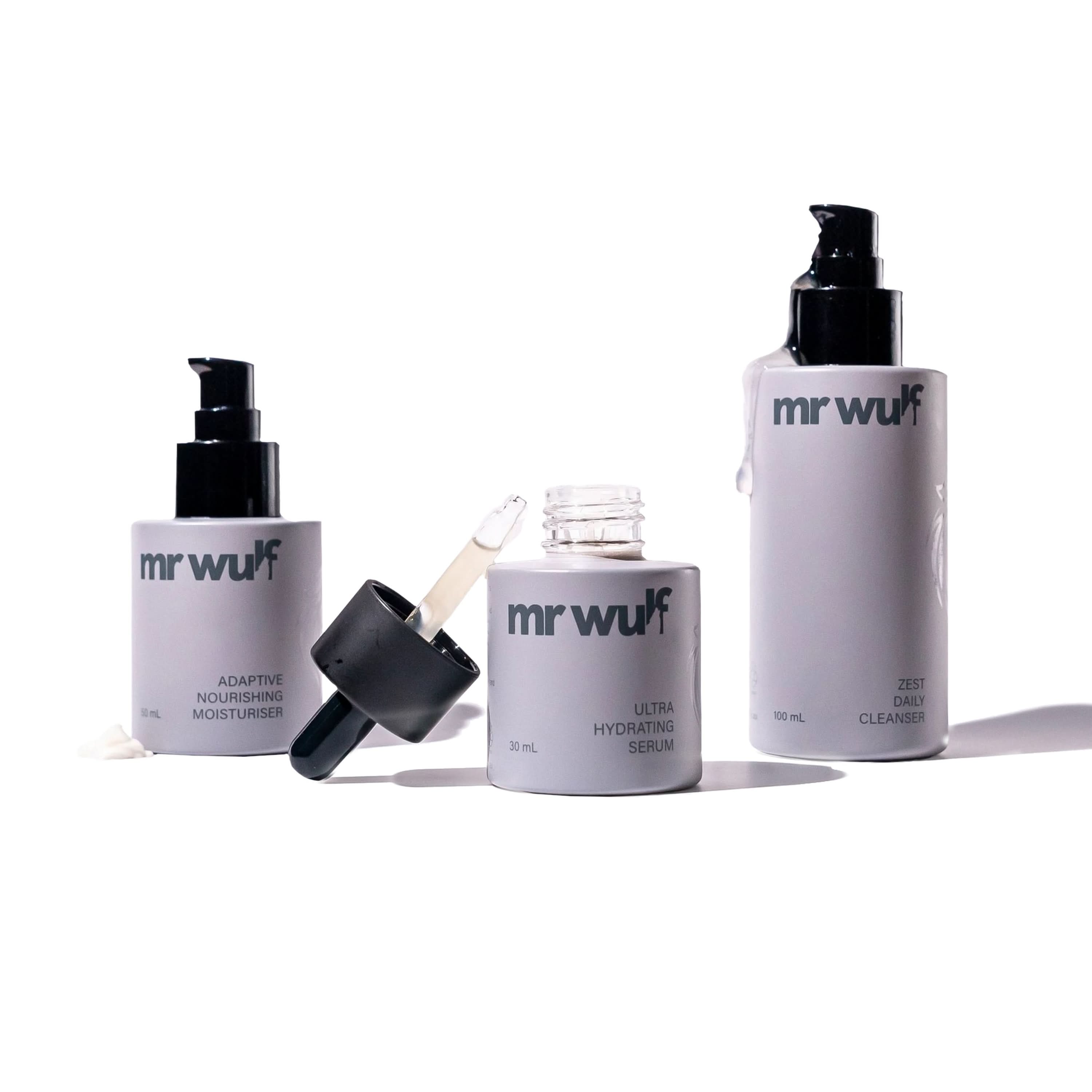 The Wulf Pack complete mens skincare set including cleanser, serum, and moisturizer for healthy skin.