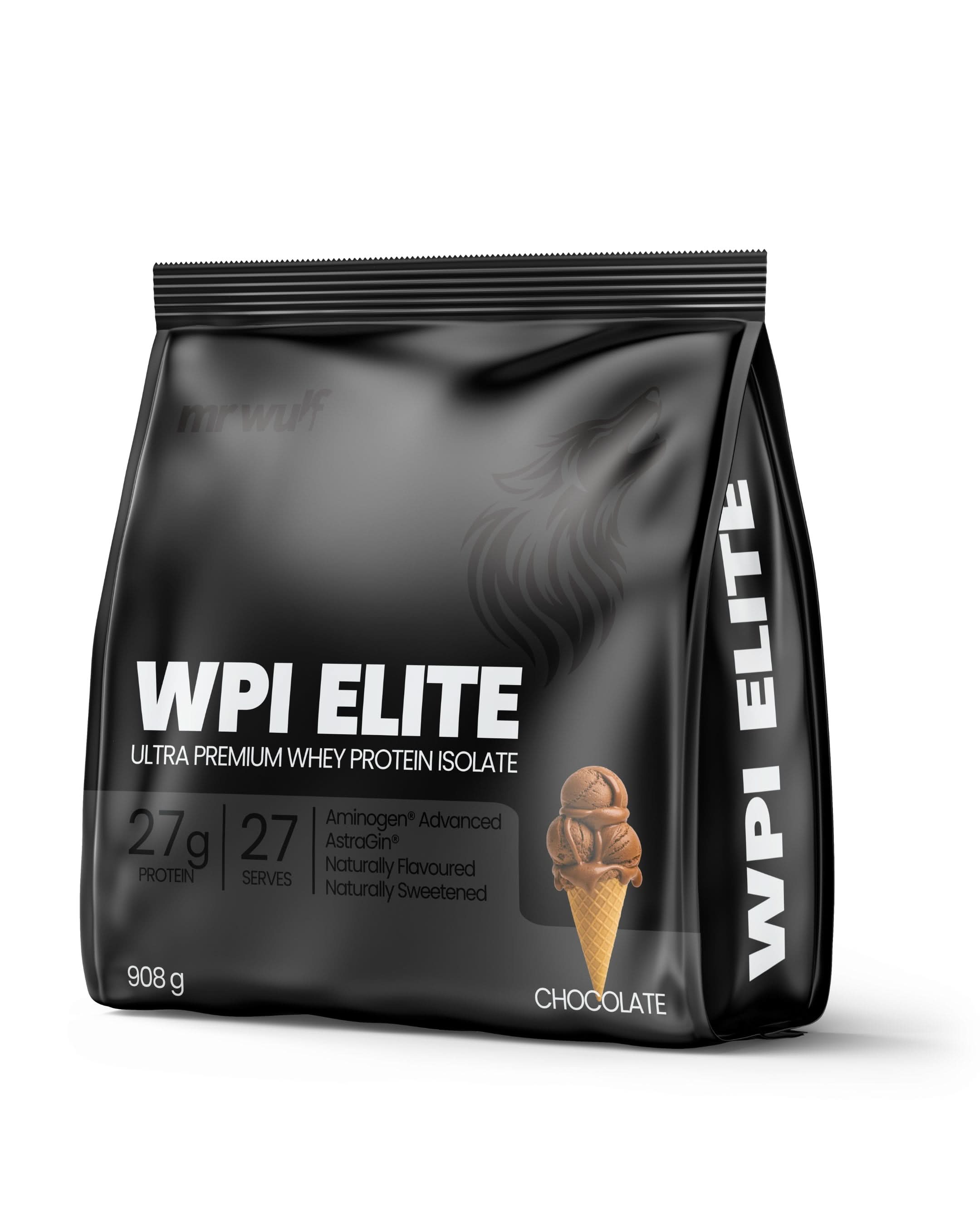 WPI Elite protein supplement chocolate flavour packaging with ultra premium whey protein isolate