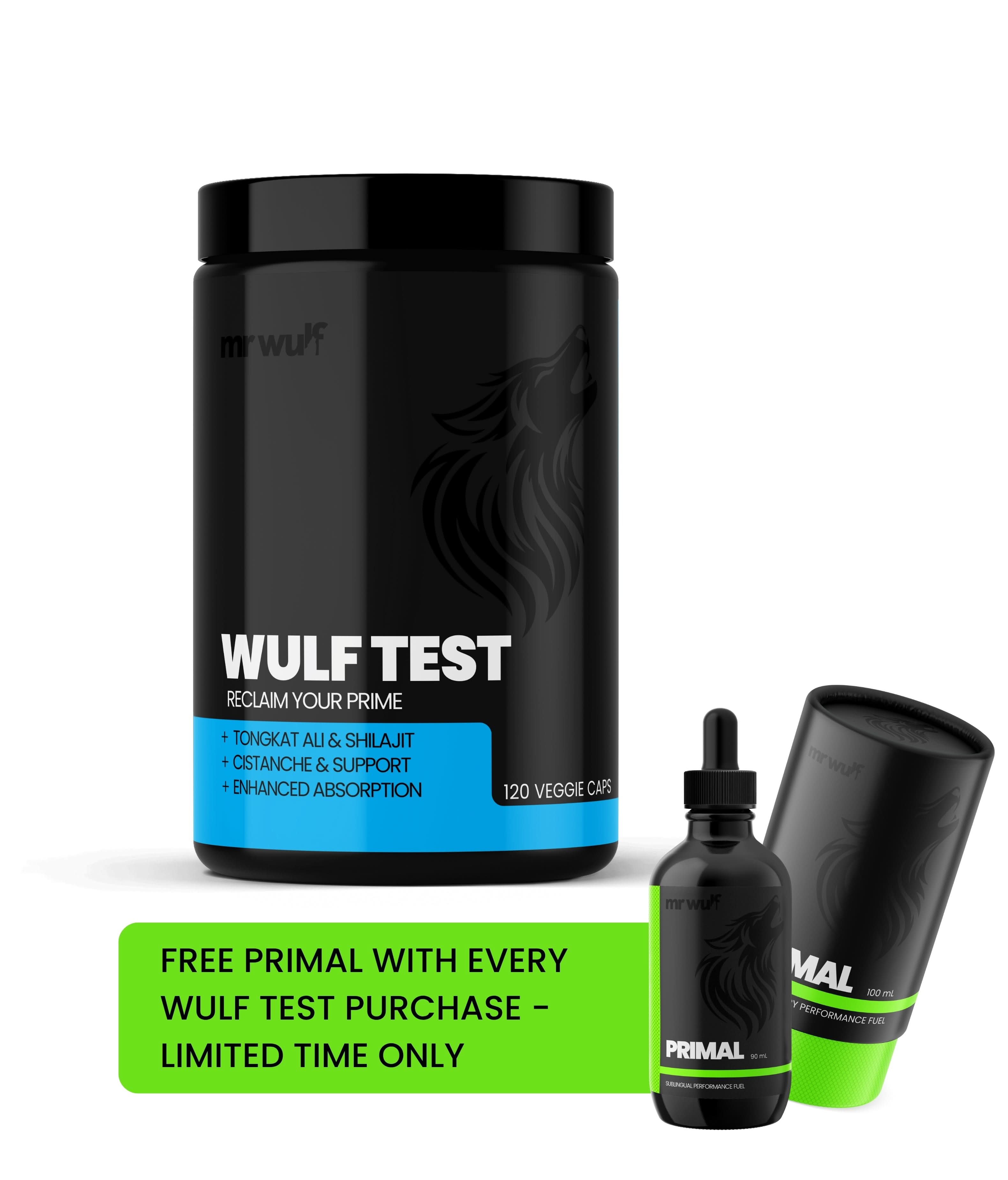 WULF Test testosterone supplement product image showcasing the container and free Primal offer.