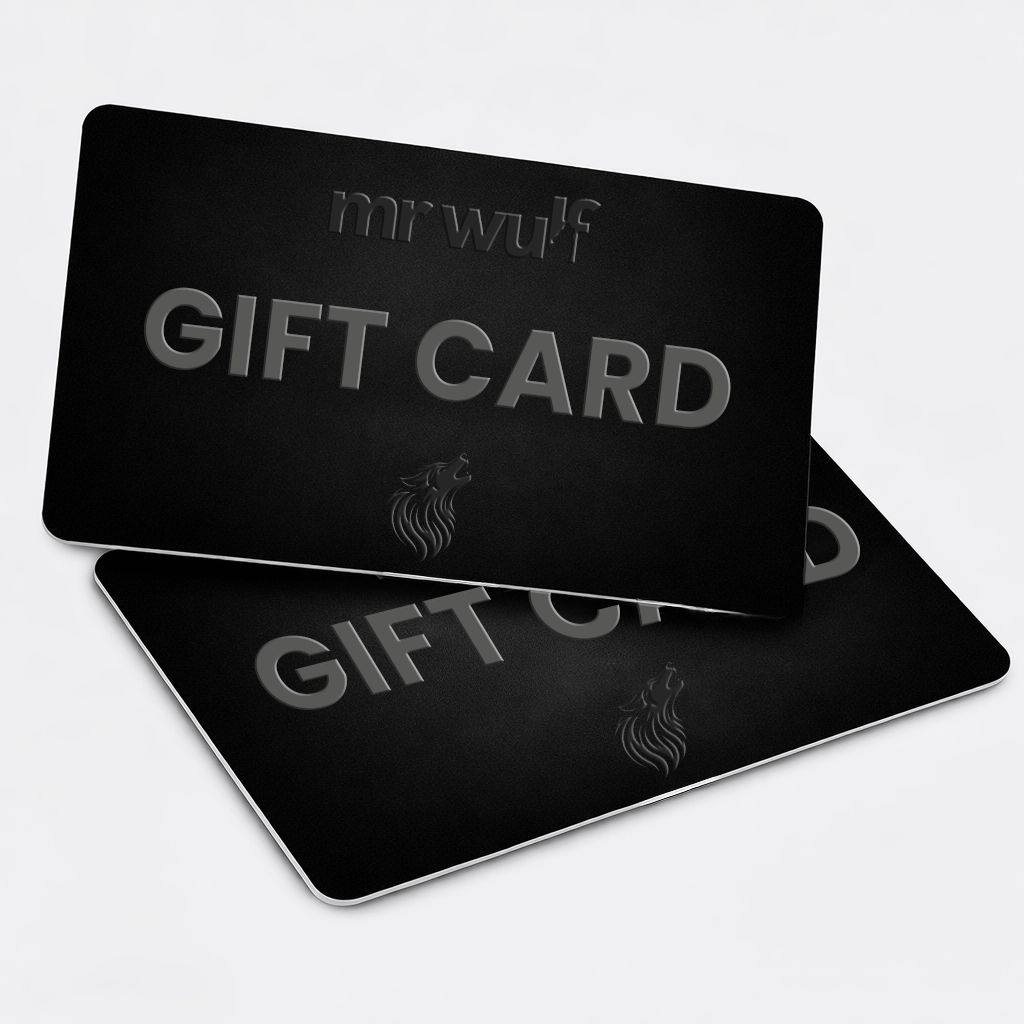 Mr Wulf Gift Card design featuring bold text on a sleek black background.