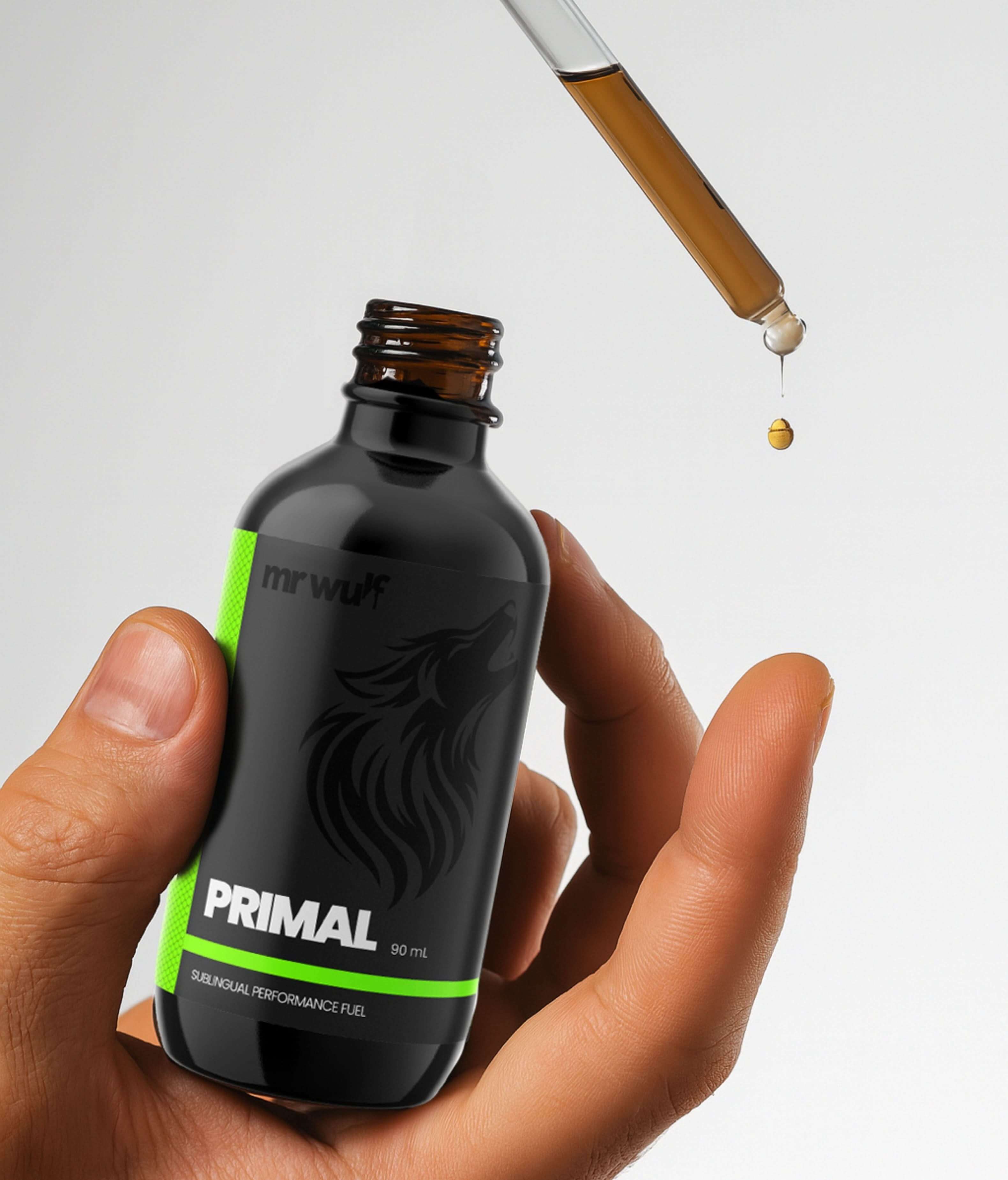 Postbiotic Nitric Oxide Booster displayed in hand, with dropper adding liquid to bottle.