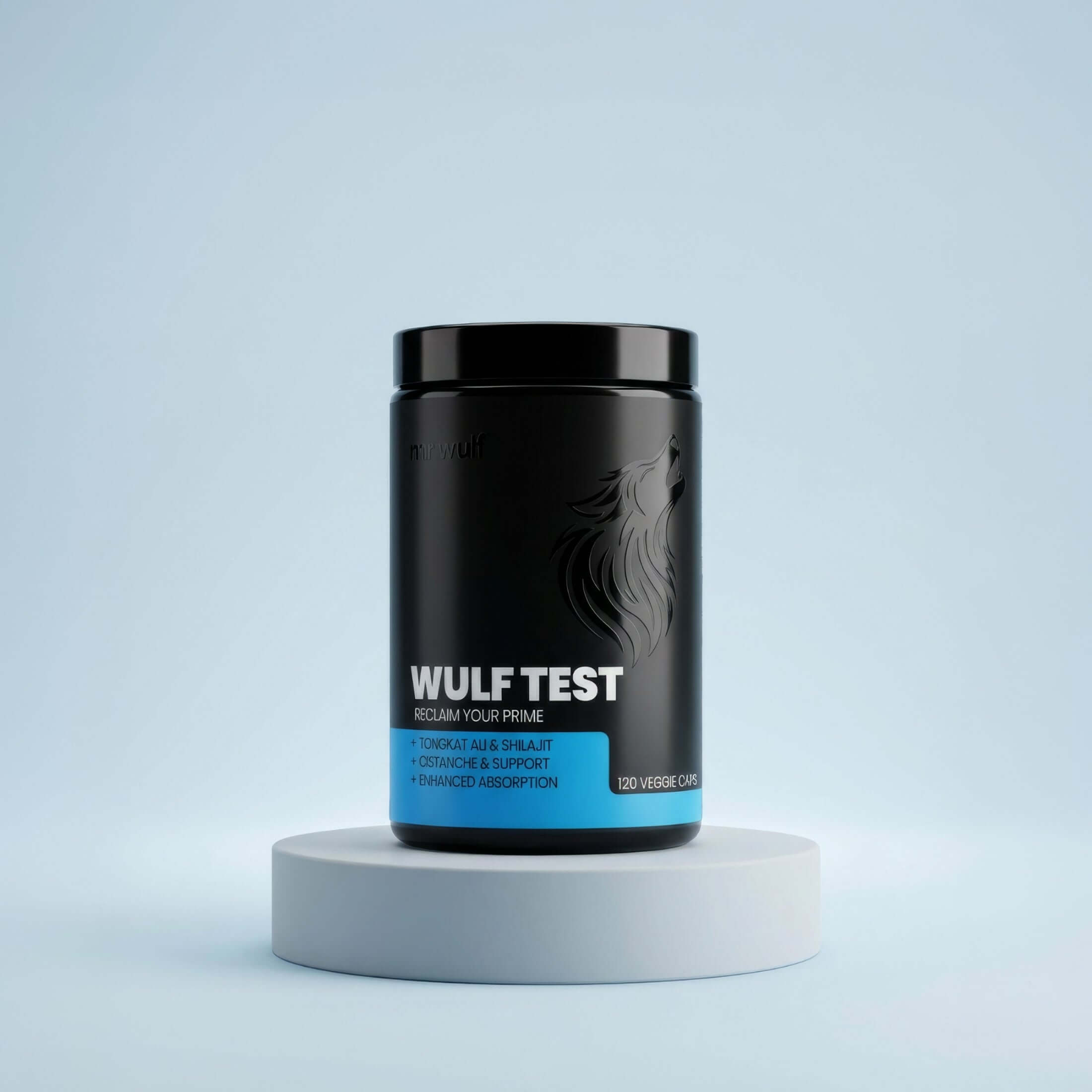 WULF Test Daily Support for Drive Strength & Resilience bottle on a display stand with blue background.