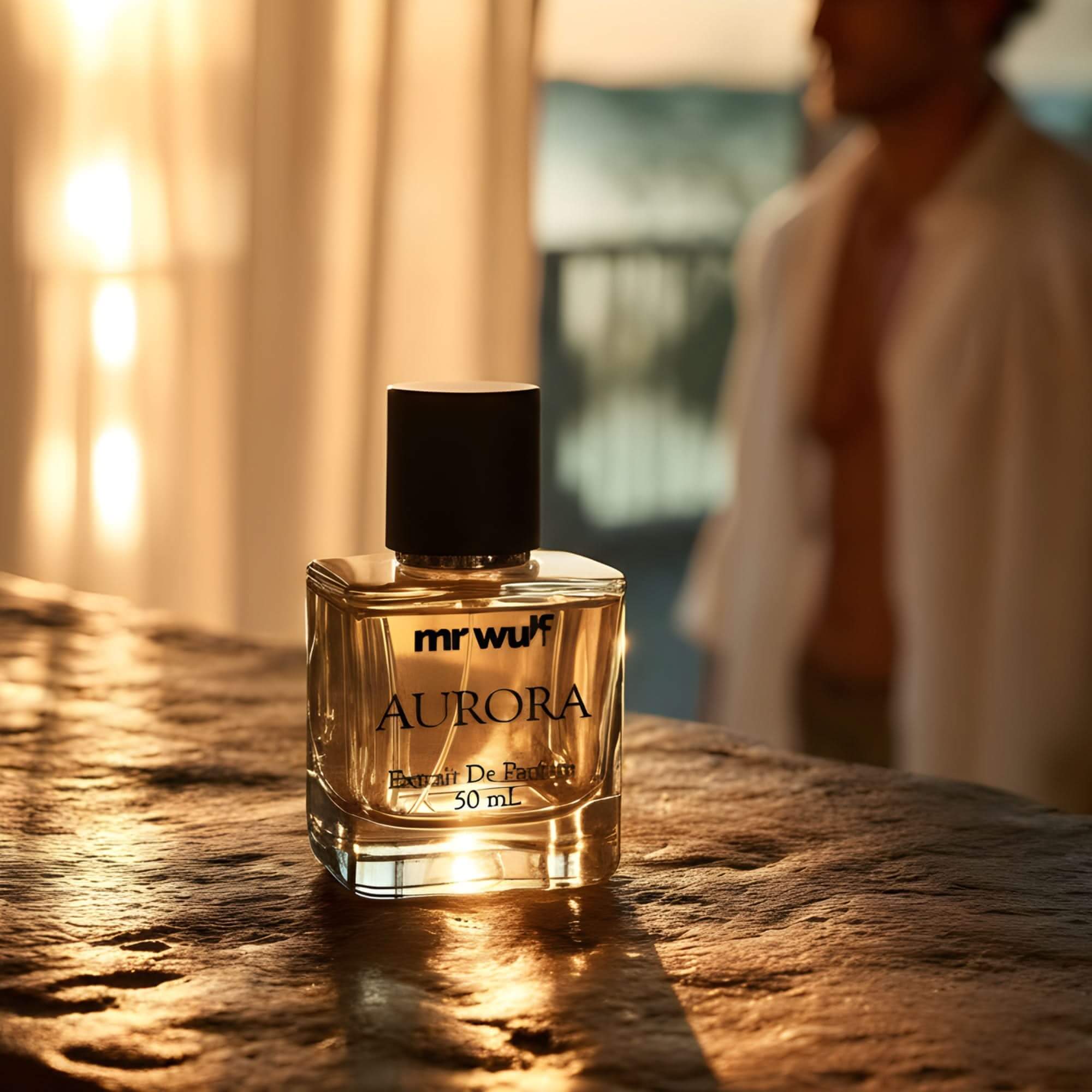 Aurora Cologne bottle on a countertop with soft sunlight, representing fresh citrus-aromatic fragrance.