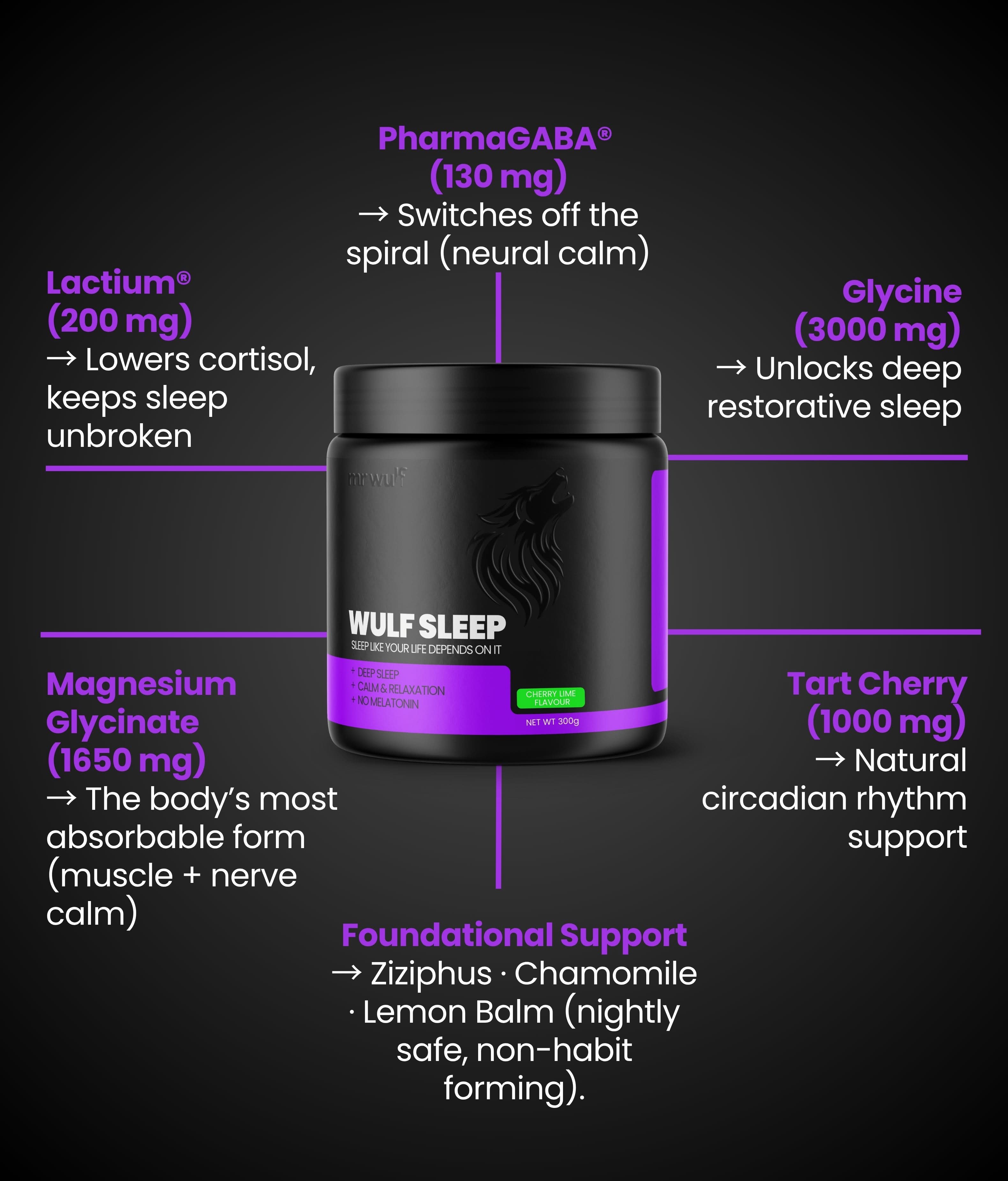 WULF Sleep natural sleep supplement with ingredients for relaxation and restorative sleep support.