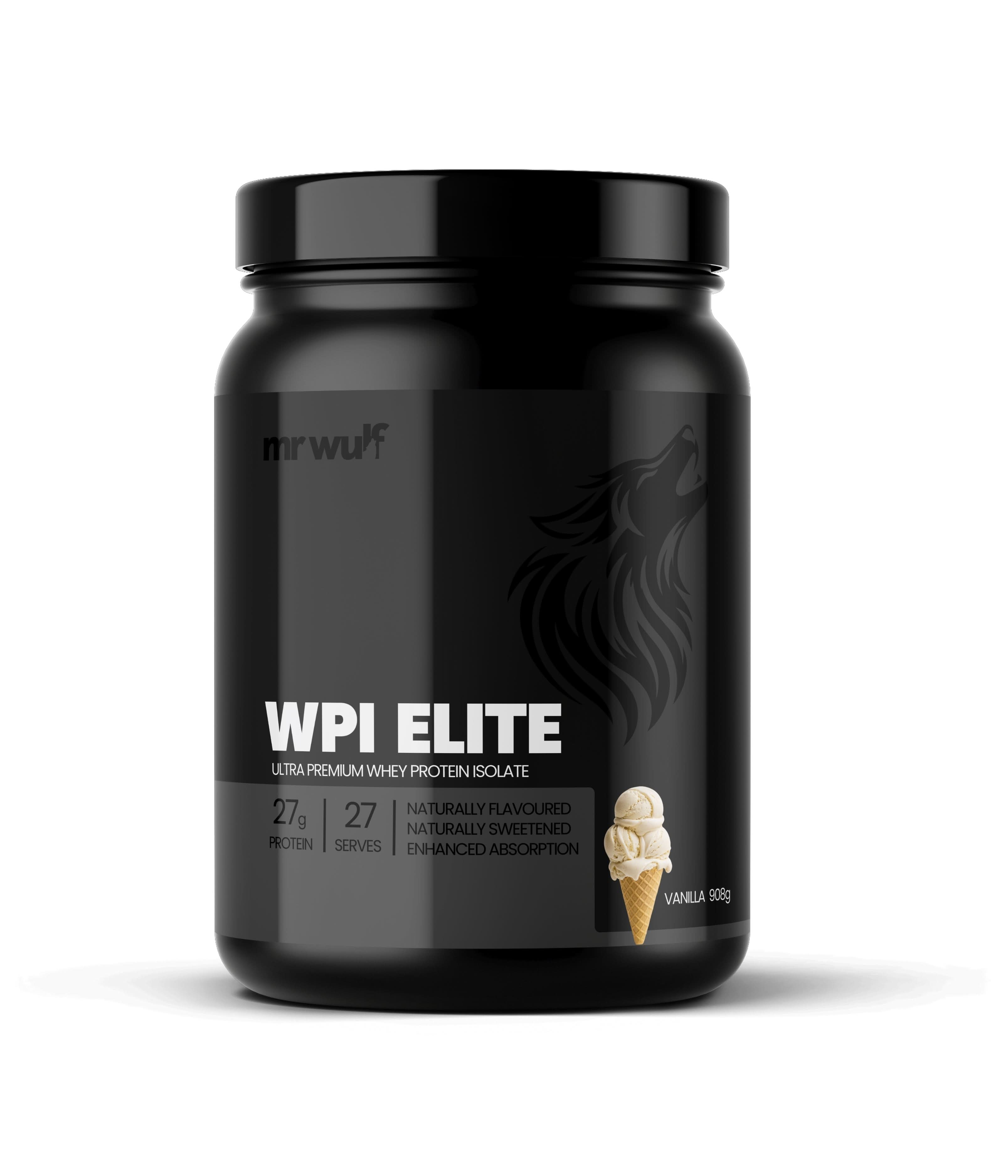 WPI Elite Protein Supplement container with 27g protein per serve for fast recovery and muscle growth.