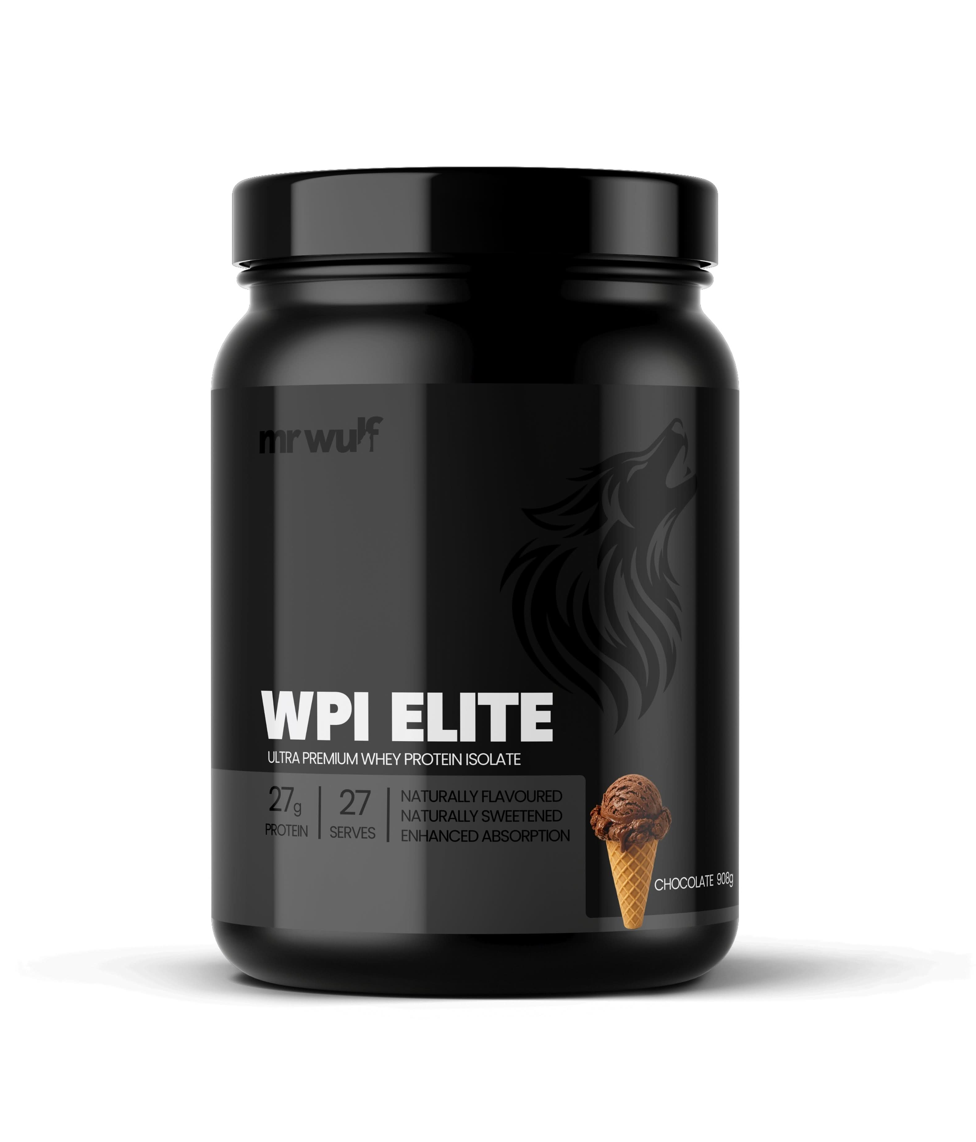 WPI Elite Protein Supplement container with 27g protein per serve, ultra-premium whey protein isolate, chocolate flavor.
