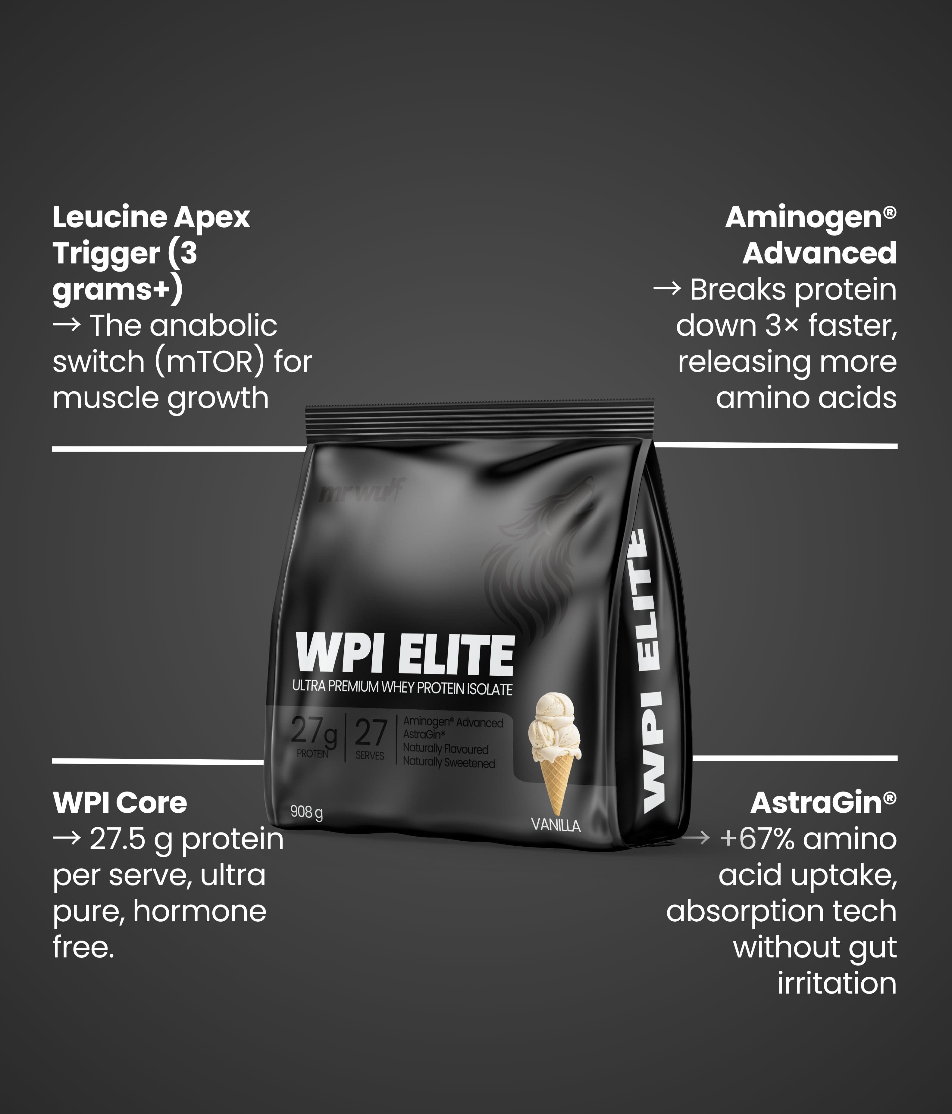 WPI Elite Protein Supplement package showcasing key features for faster absorption and muscle growth.
