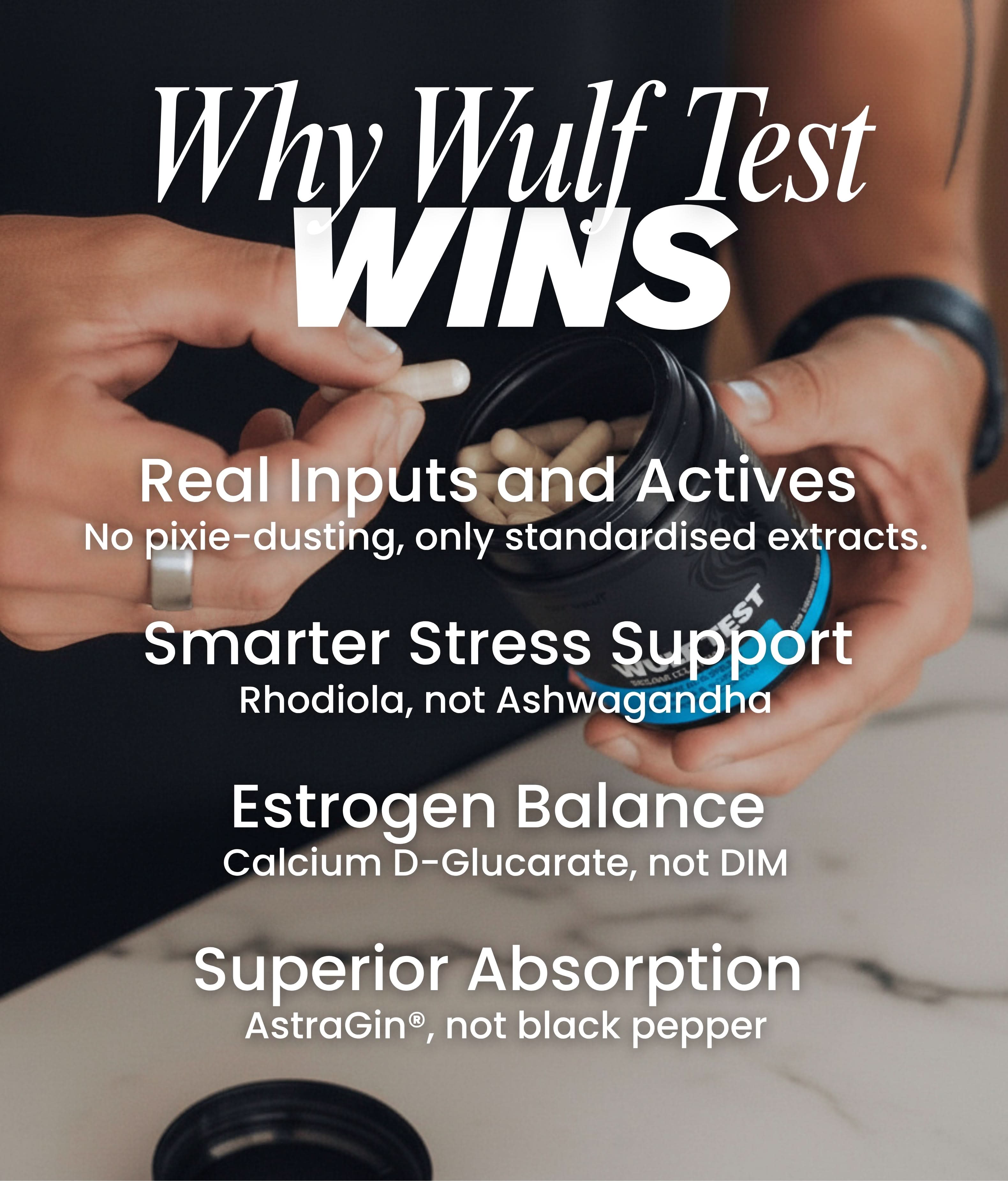 WULF Test testosterone supplement highlights benefits including real inputs, smarter stress support, and superior absorption.