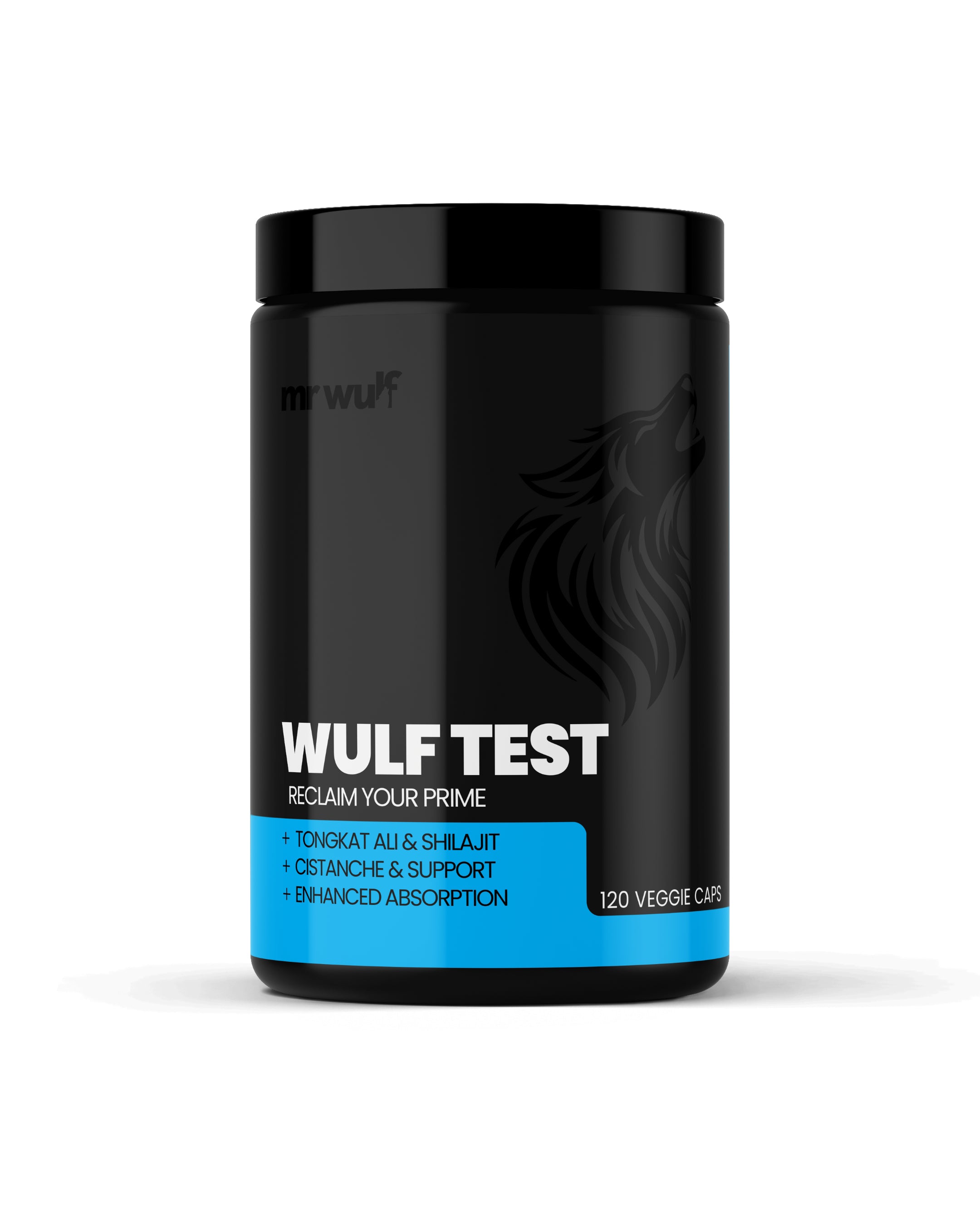 WULF Test testosterone supplement bottle showcasing 120 veggie capsules with natural hormonal support features.