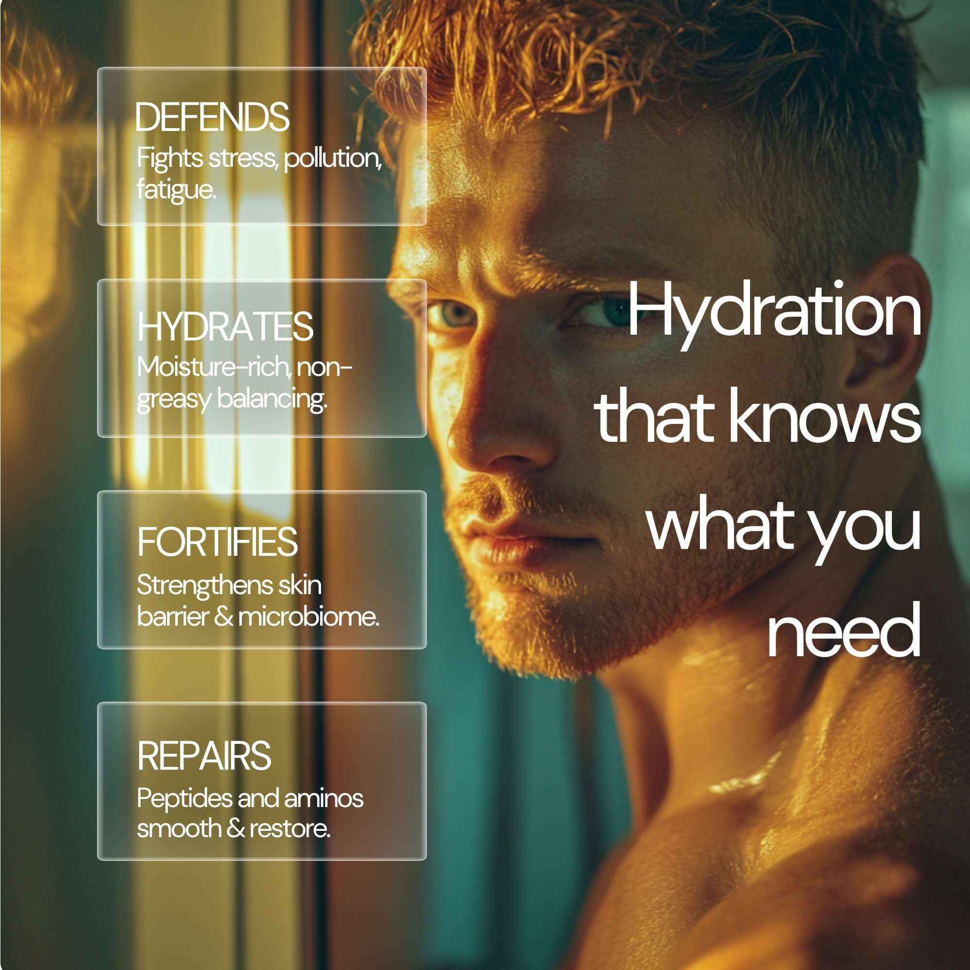 Adaptive face moisturiser for men: fights stress, hydrates, fortifies, and repairs skin for balanced hydration.