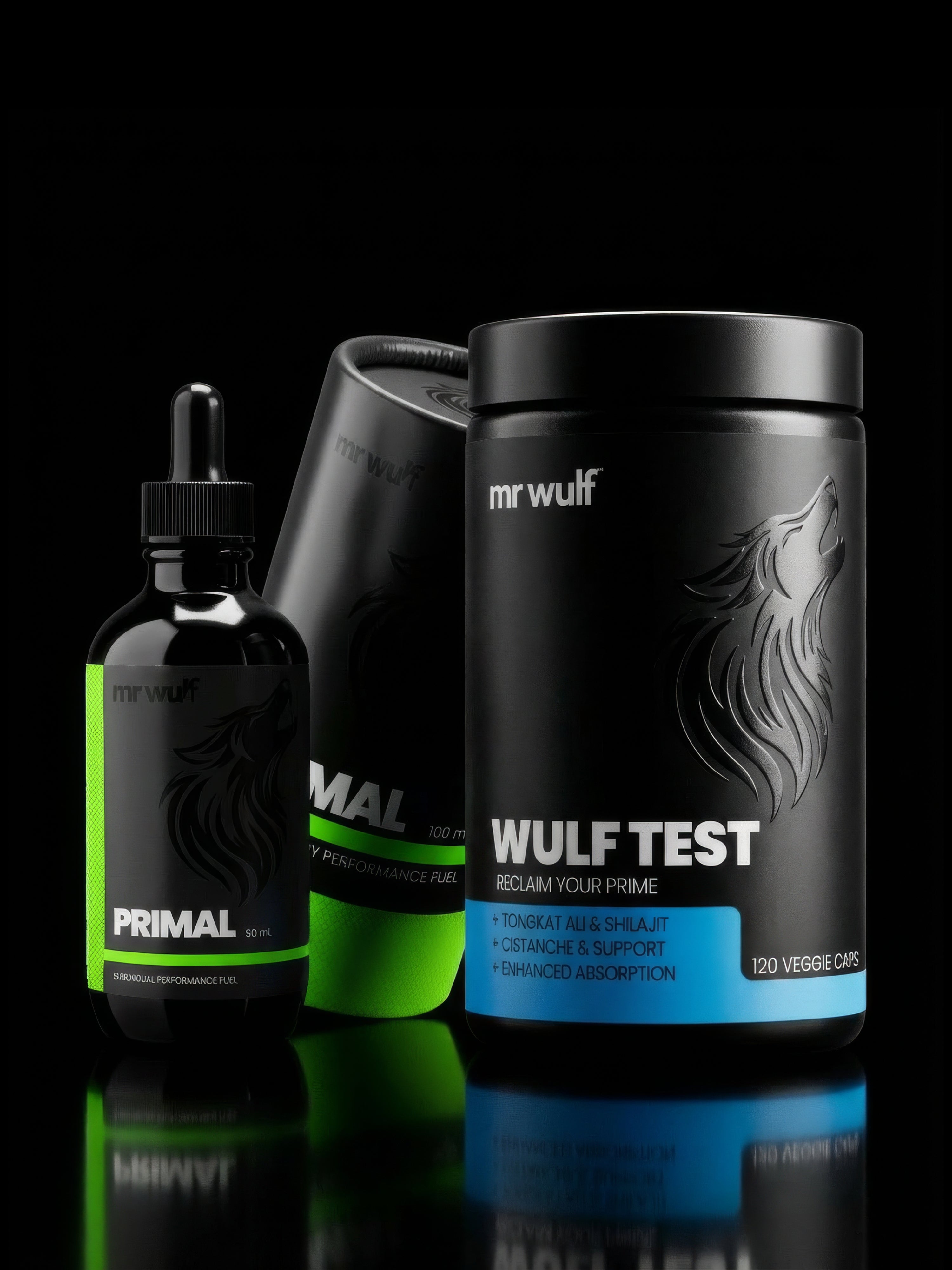 WULF Test testosterone supplement bottles and dropper showcasing premium natural wellness products.