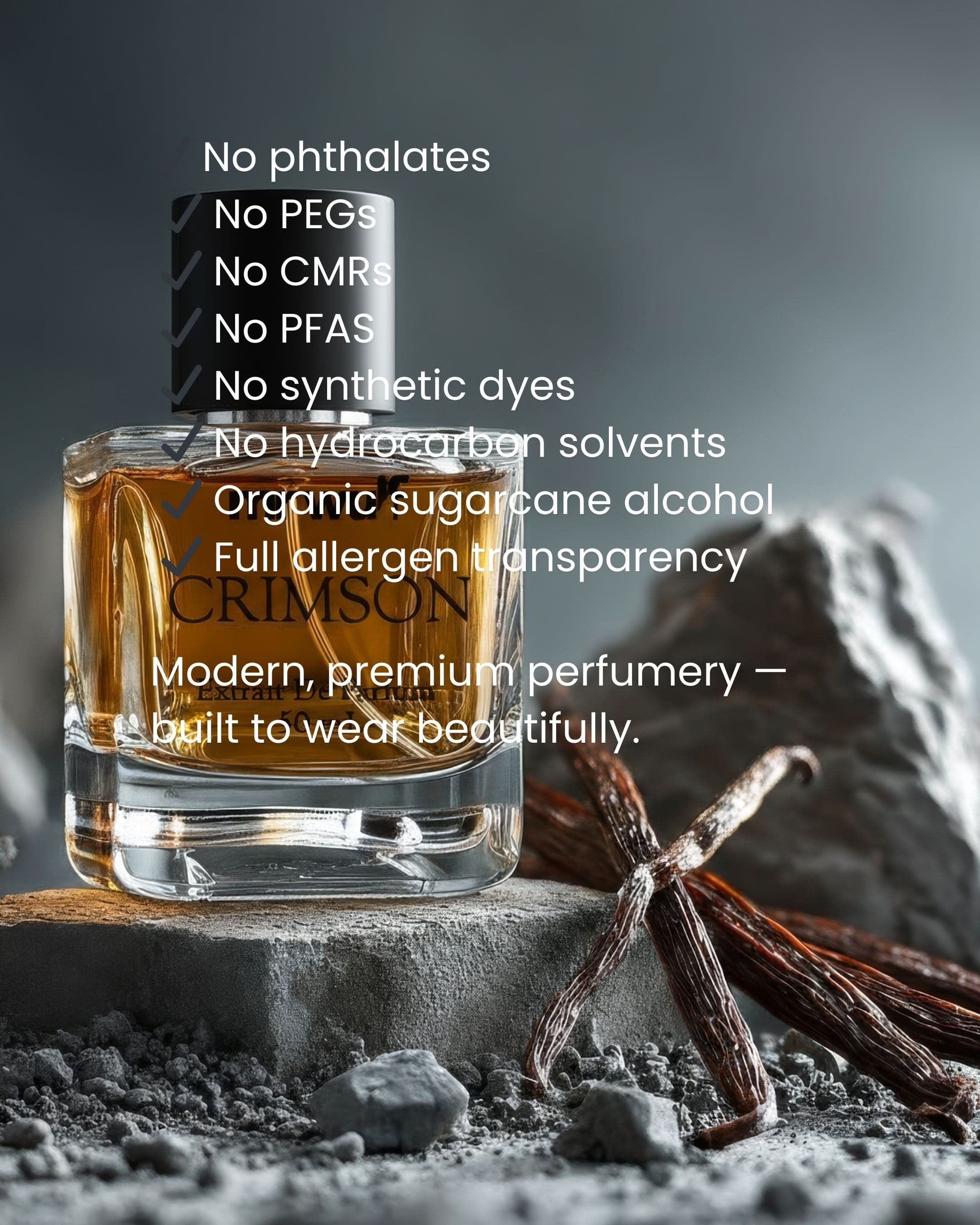 Crimson Cologne amber woody fragrance bottle on a stone surface, highlighting its clean ingredient benefits.