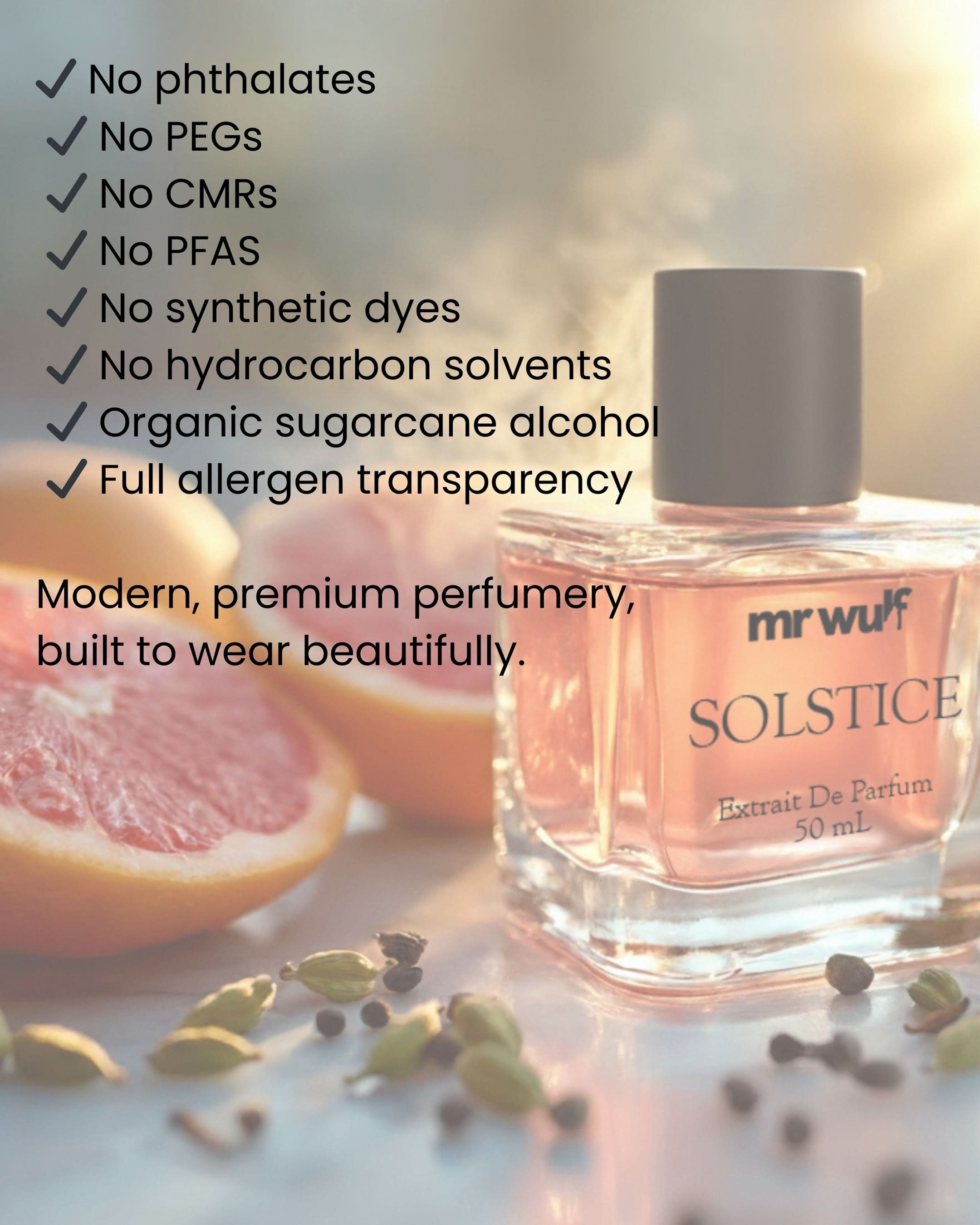Solstice Cologne bottle showcasing eco-friendly ingredients and premium quality, designed for modern perfumery.