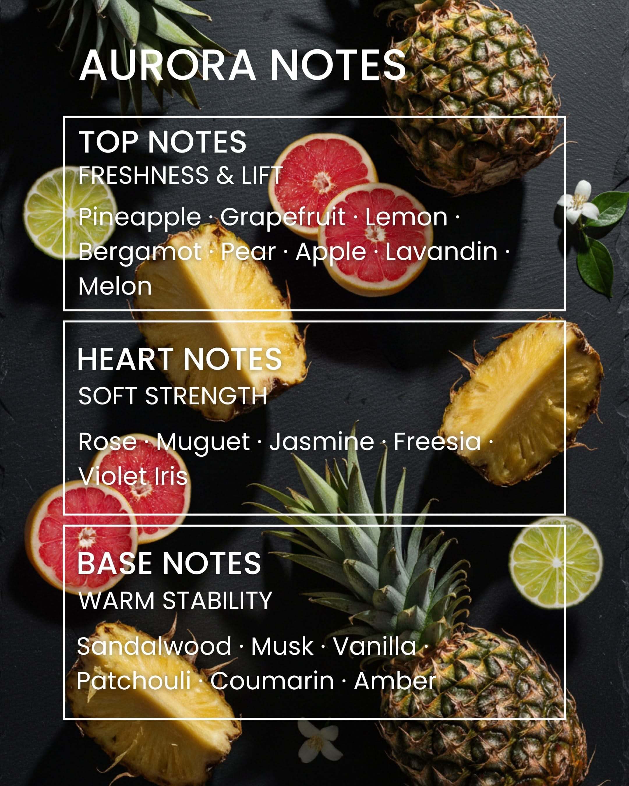 Aurora Cologne fragrance notes showing fresh citrus top notes and floral heart notes on a dark background.