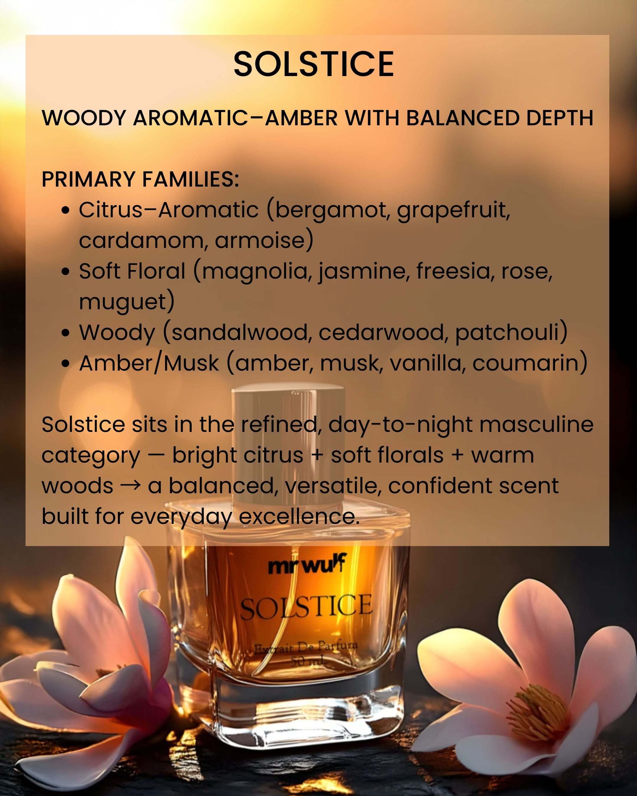 Solstice Cologne bottle with floral accents, showcasing woody aromatic-amber scent details and elegant design.