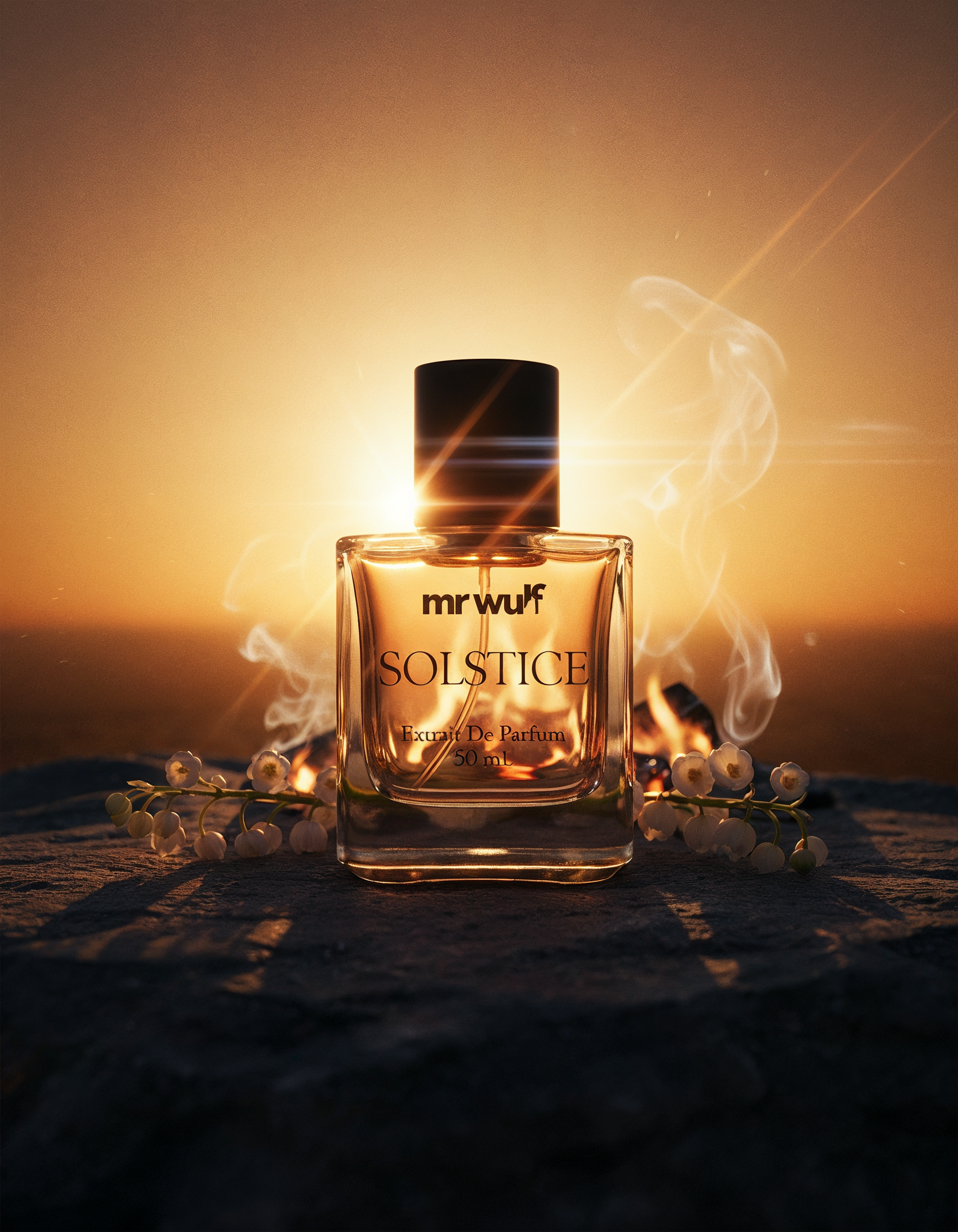 Solstice Cologne bottle with sunlight and smoke, embodying a woody aromatic–amber fragrance inspiration.