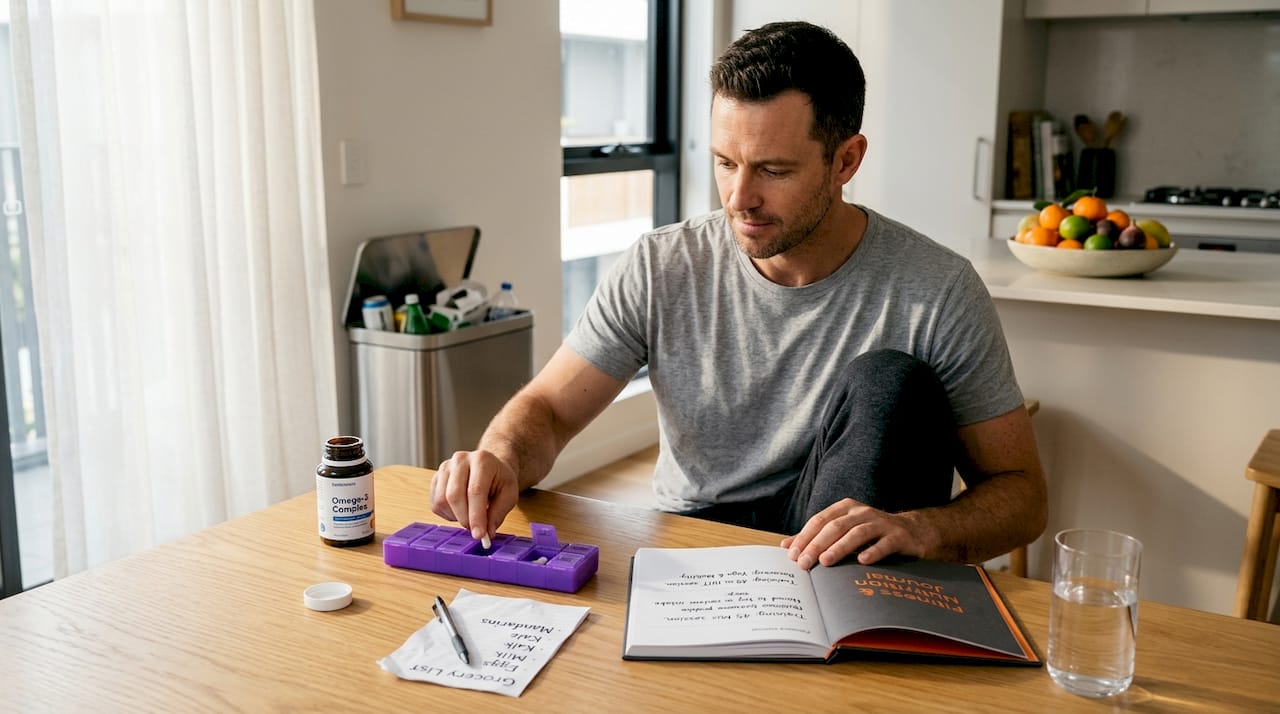 Man organising supplements at kitchen table