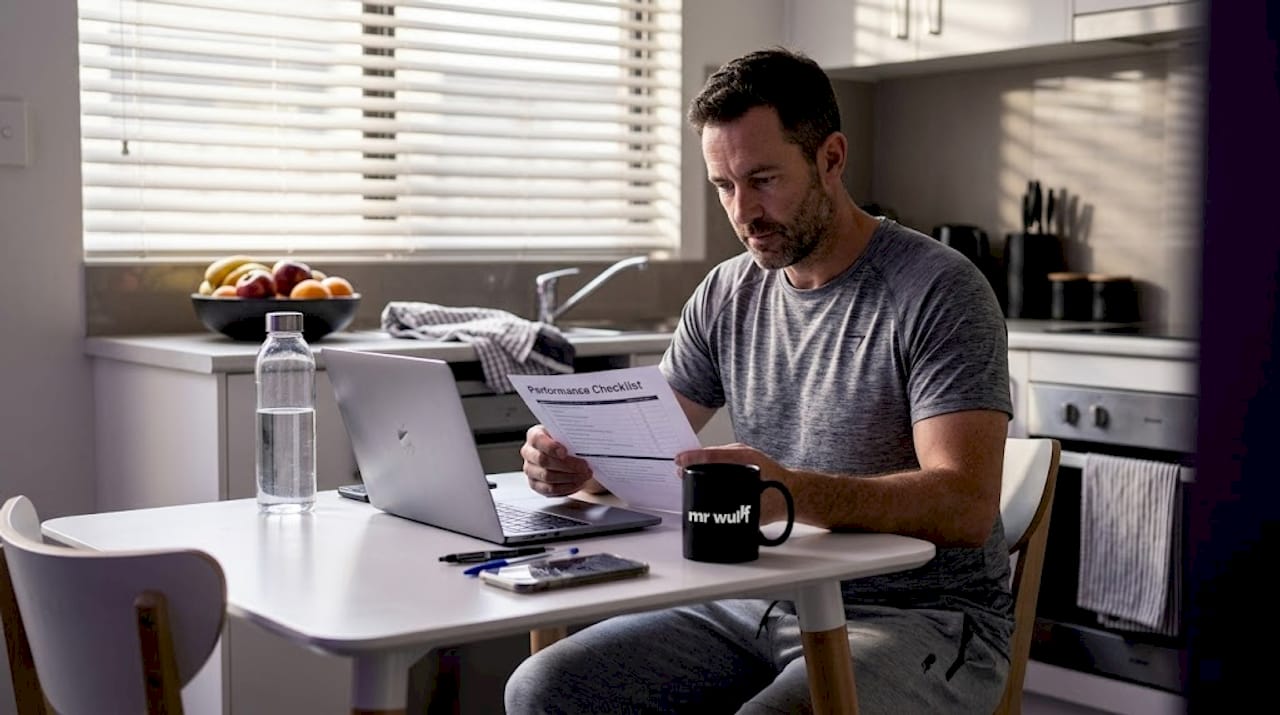 Man reviewing fitness checklist at kitchen table