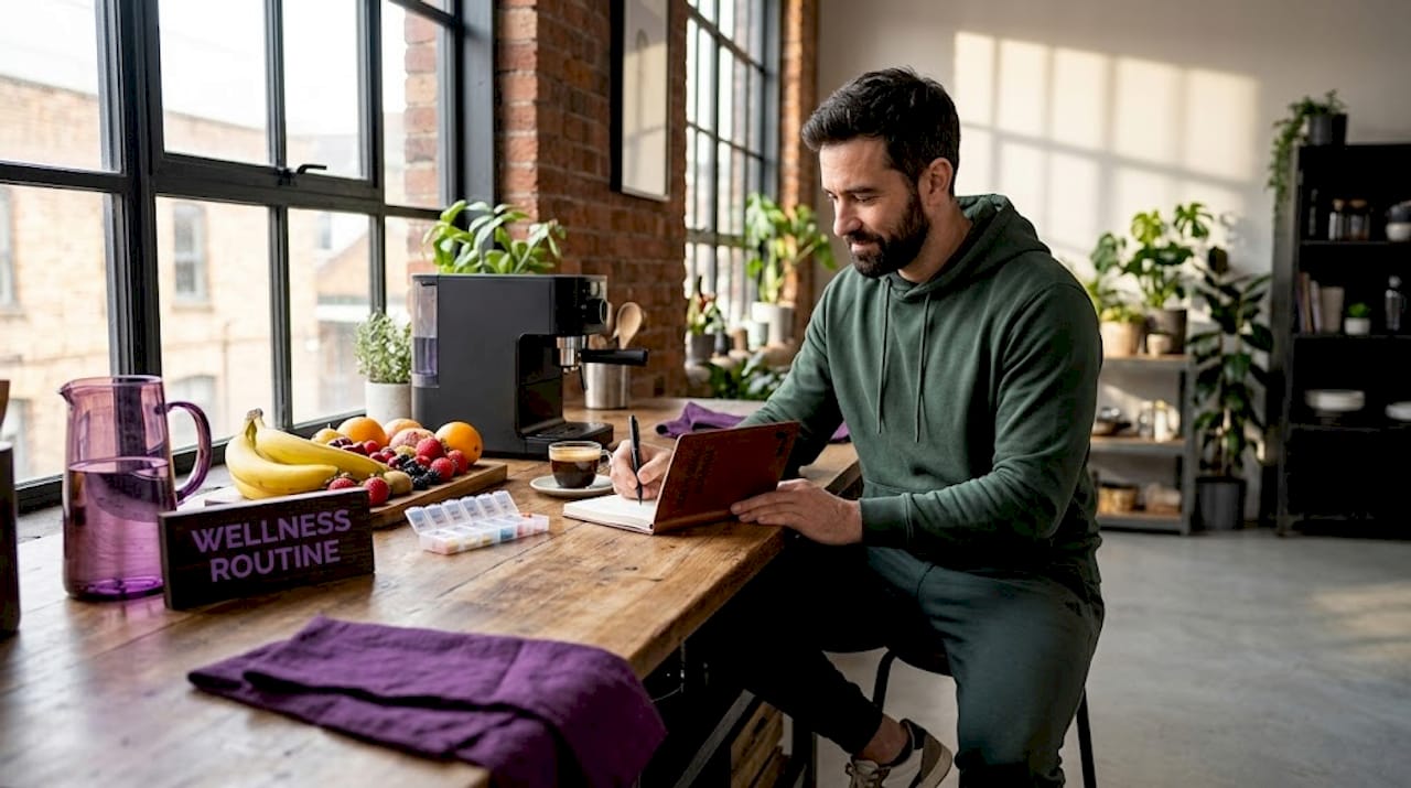 Man planning daily health habits at kitchen table
