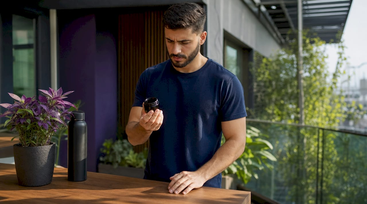 Man reading shilajit supplement label at kitchen counter