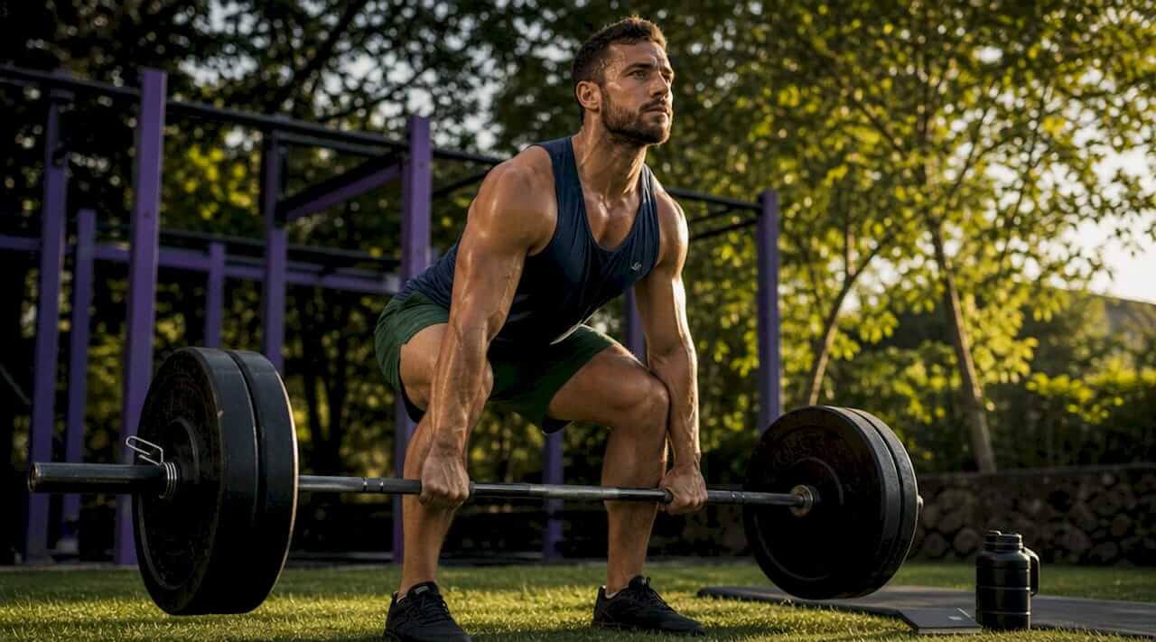 Man performing deadlift in home gym