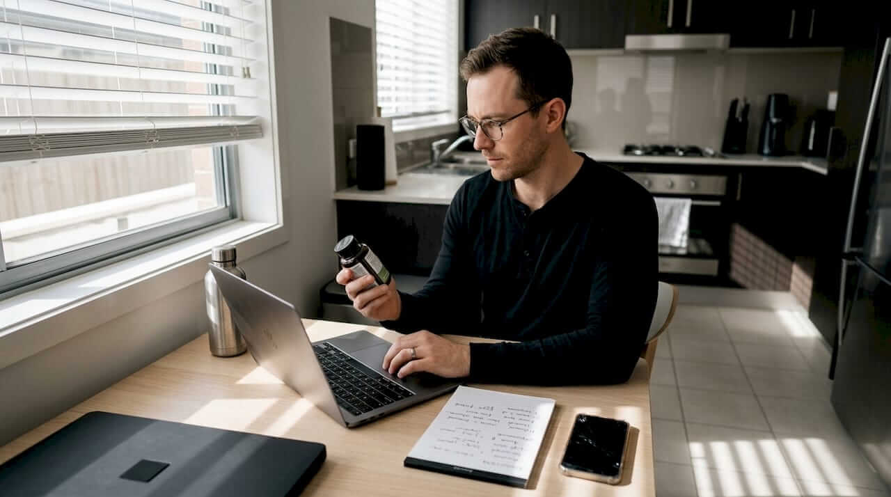 Man researching supplement at kitchen table