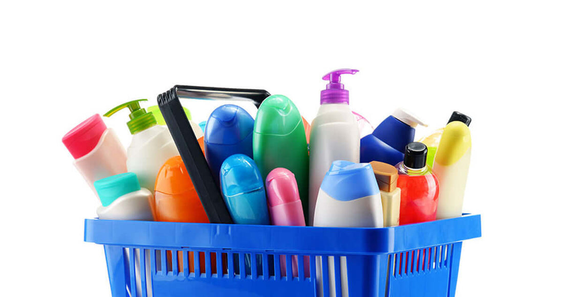 a blue basket containing typical cleaning and personal care products