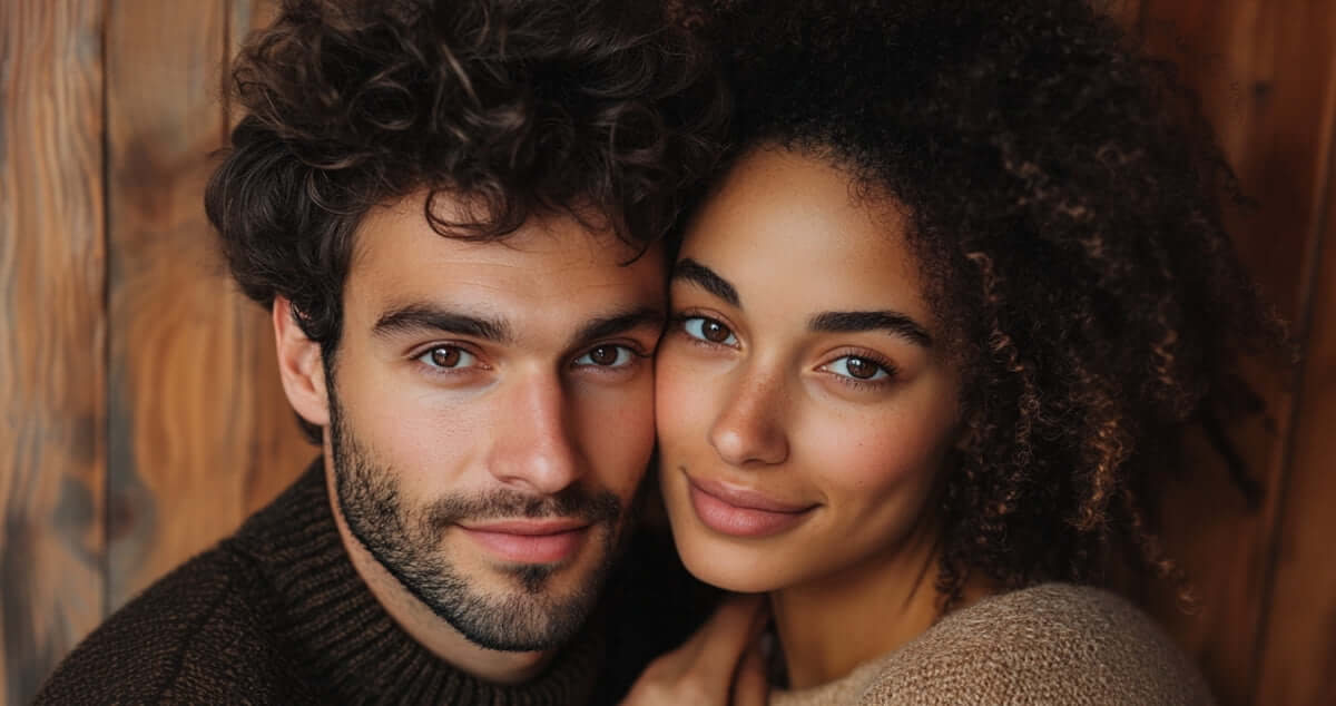 a handsome couple looking at the camera