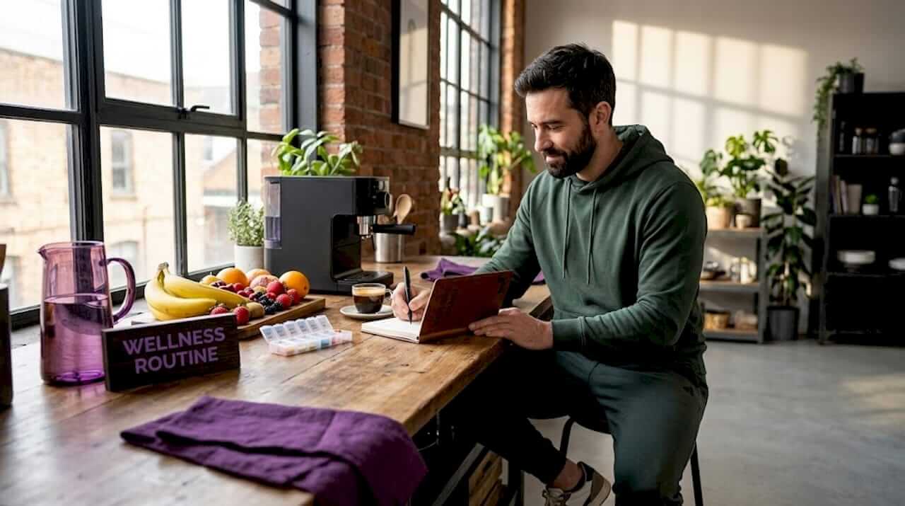 Man planning daily health habits at kitchen table