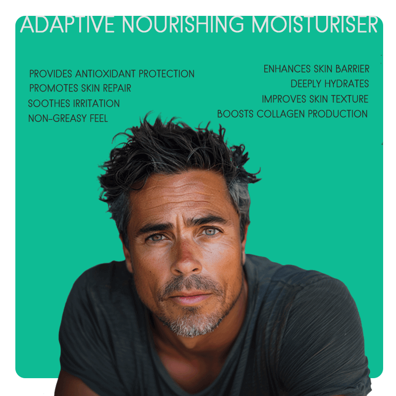 An image of a man with all the benefits of using Adaptive Nourishing Moisturiser