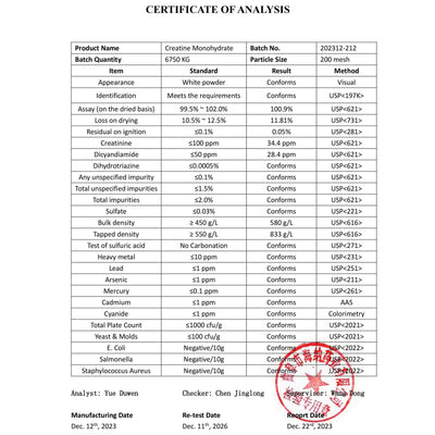 Certificate of Analysis for WULF Creatine Micronised Creatine Monohydrate detailing purity and specifications.