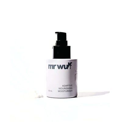 Adaptive face moisturiser for men in a sleek bottle by Mr WULF, designed for hydration and nourishment.