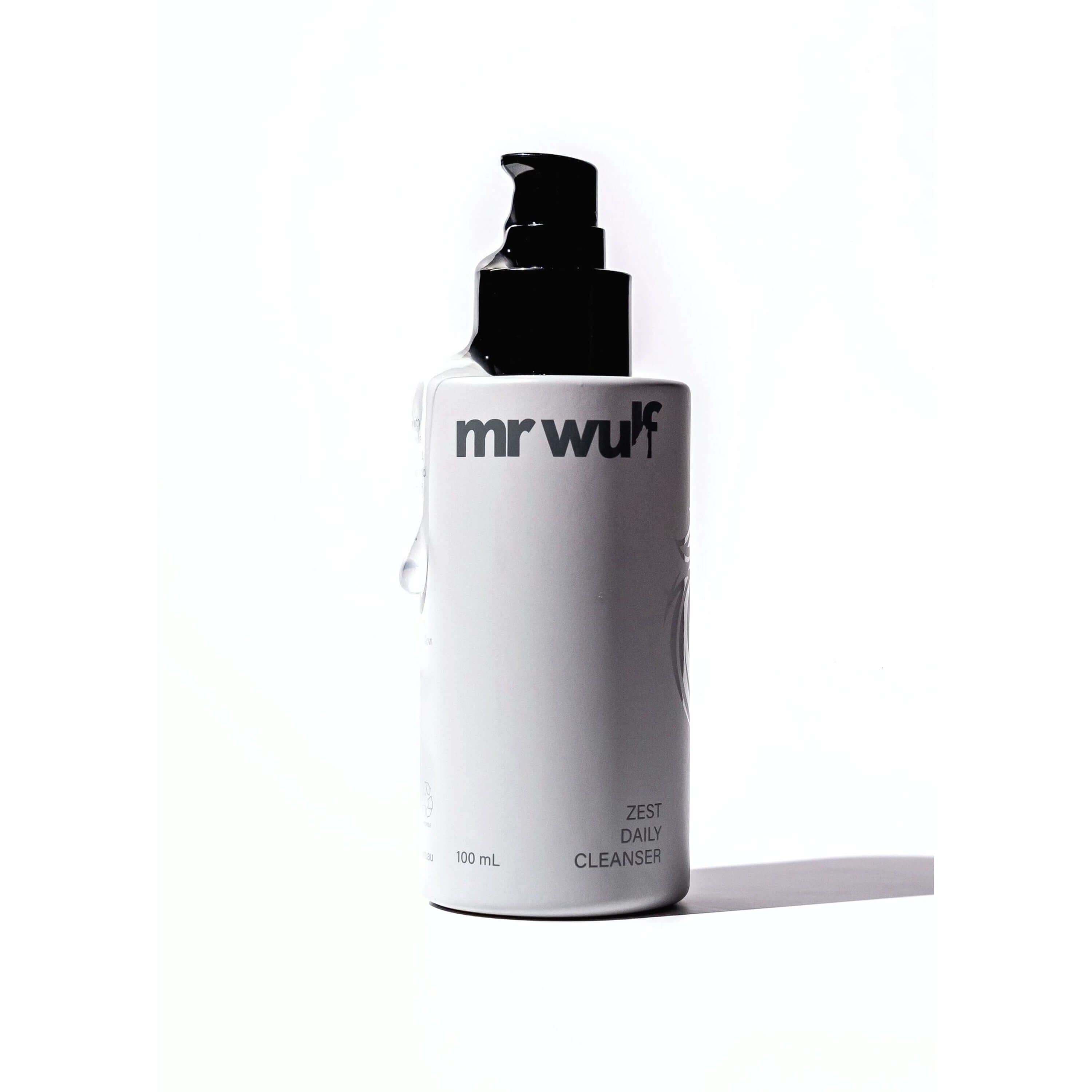 Zest Daily Face Cleanser for Men by Mr Wulf in a sleek white bottle with a pump action dispenser.