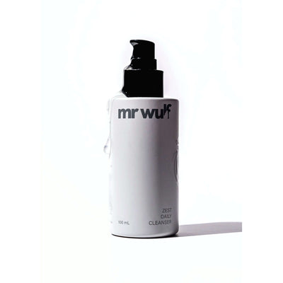 Zest Daily Face Cleanser for Men by Mr Wulf in a sleek white bottle with a pump action dispenser.